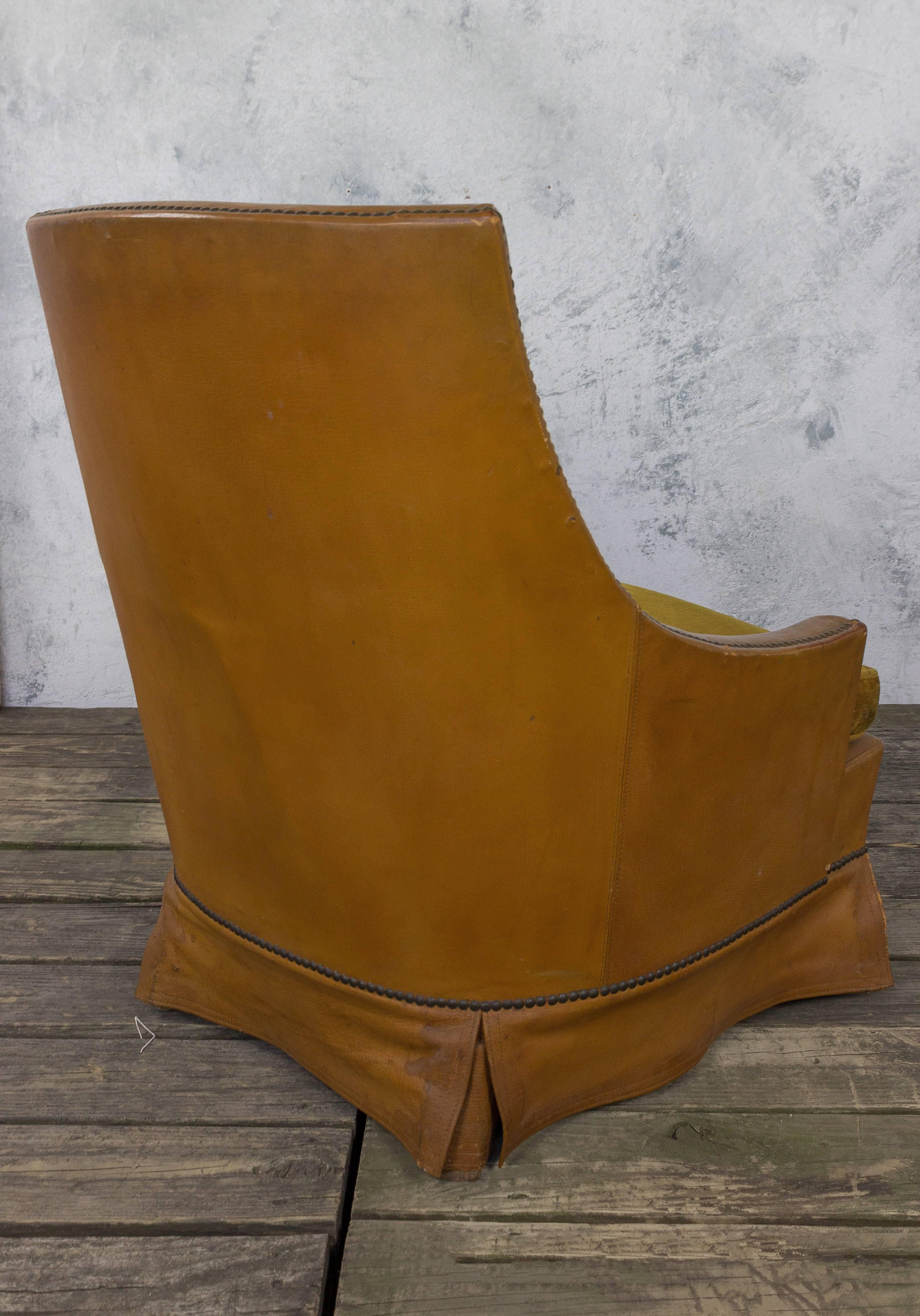 Upholstery French Leather Armchair with Brass Nailheads For Sale