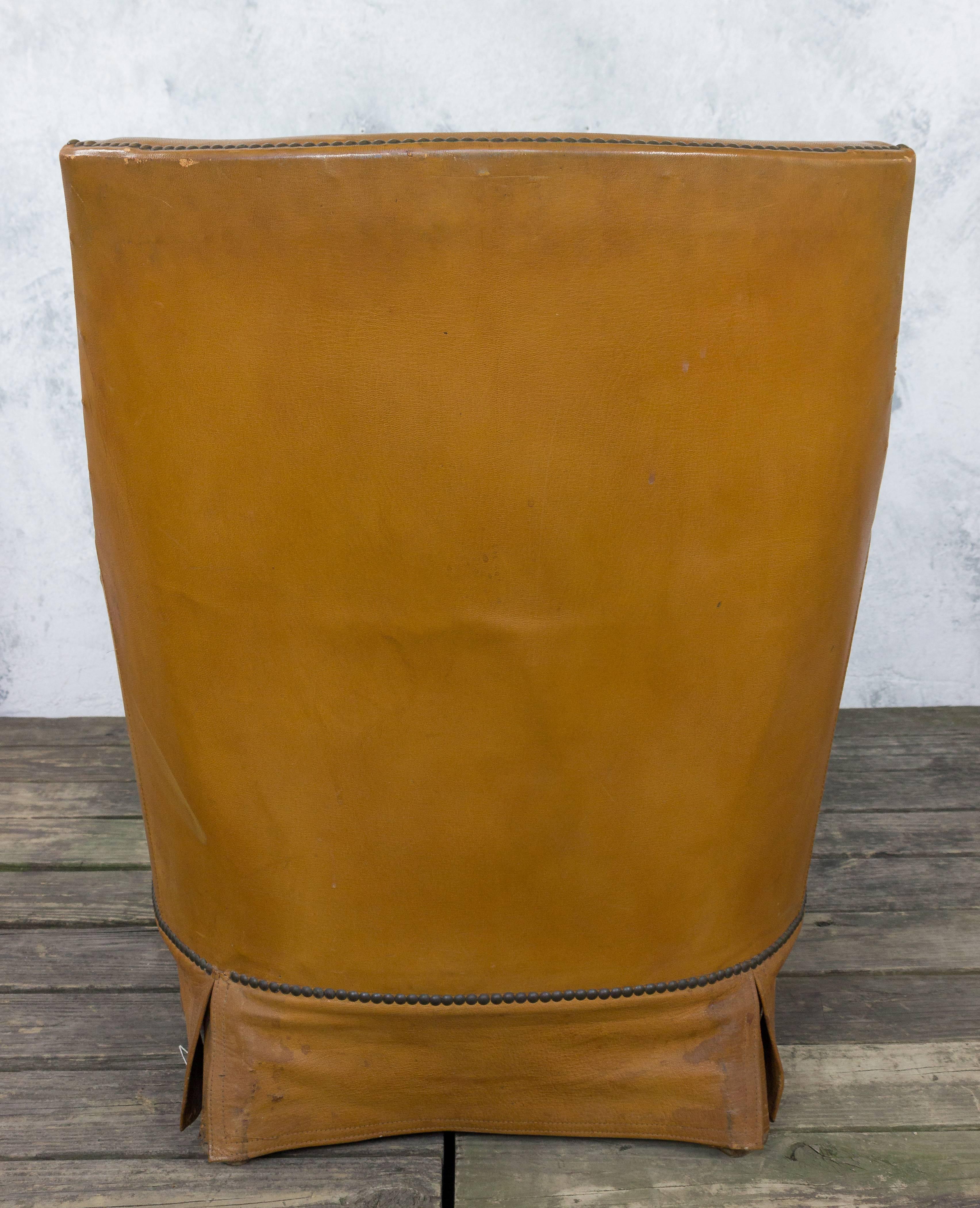 French Leather Armchair with Brass Nailheads For Sale 1