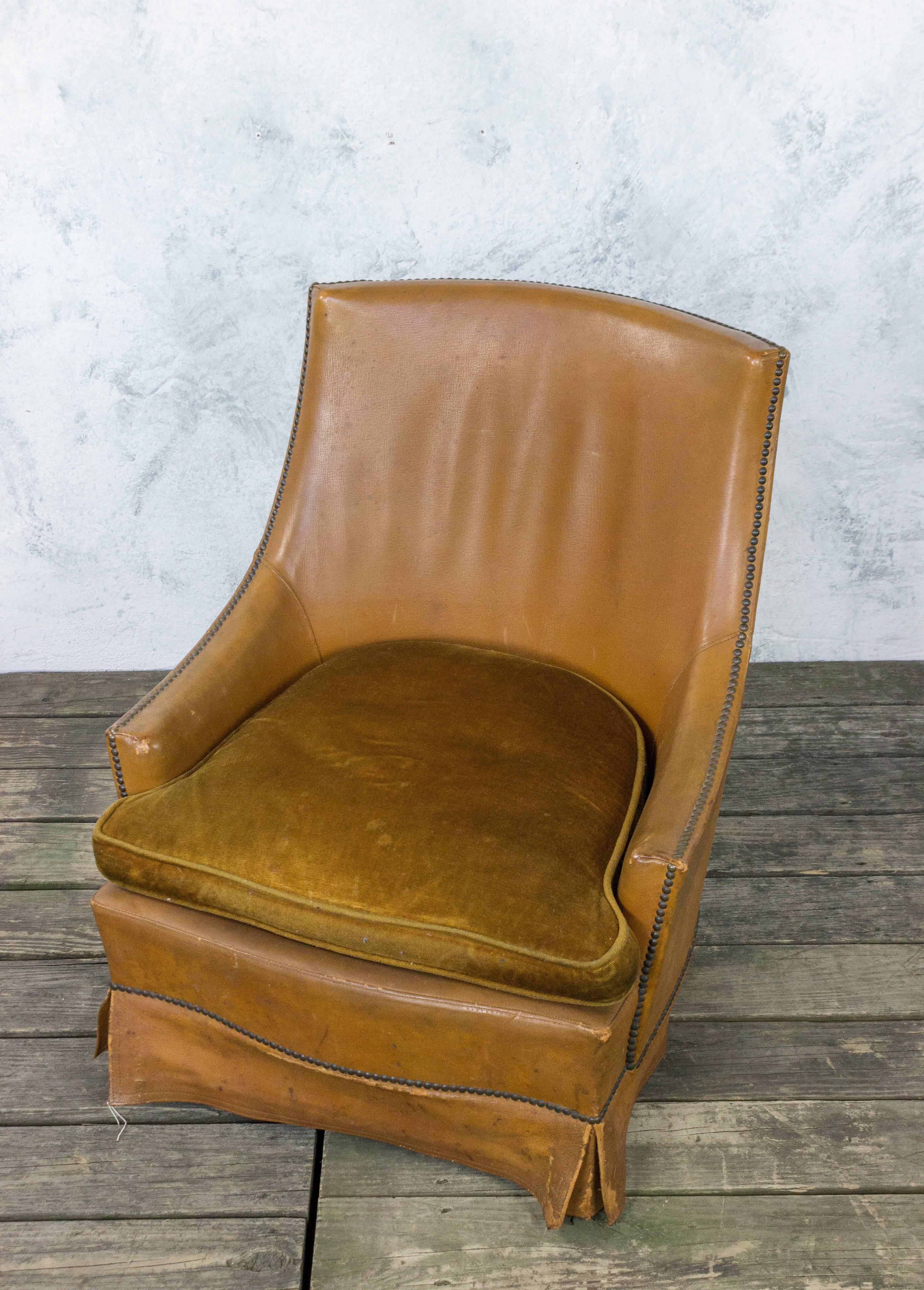 French Leather Armchair with Brass Nailheads For Sale 3