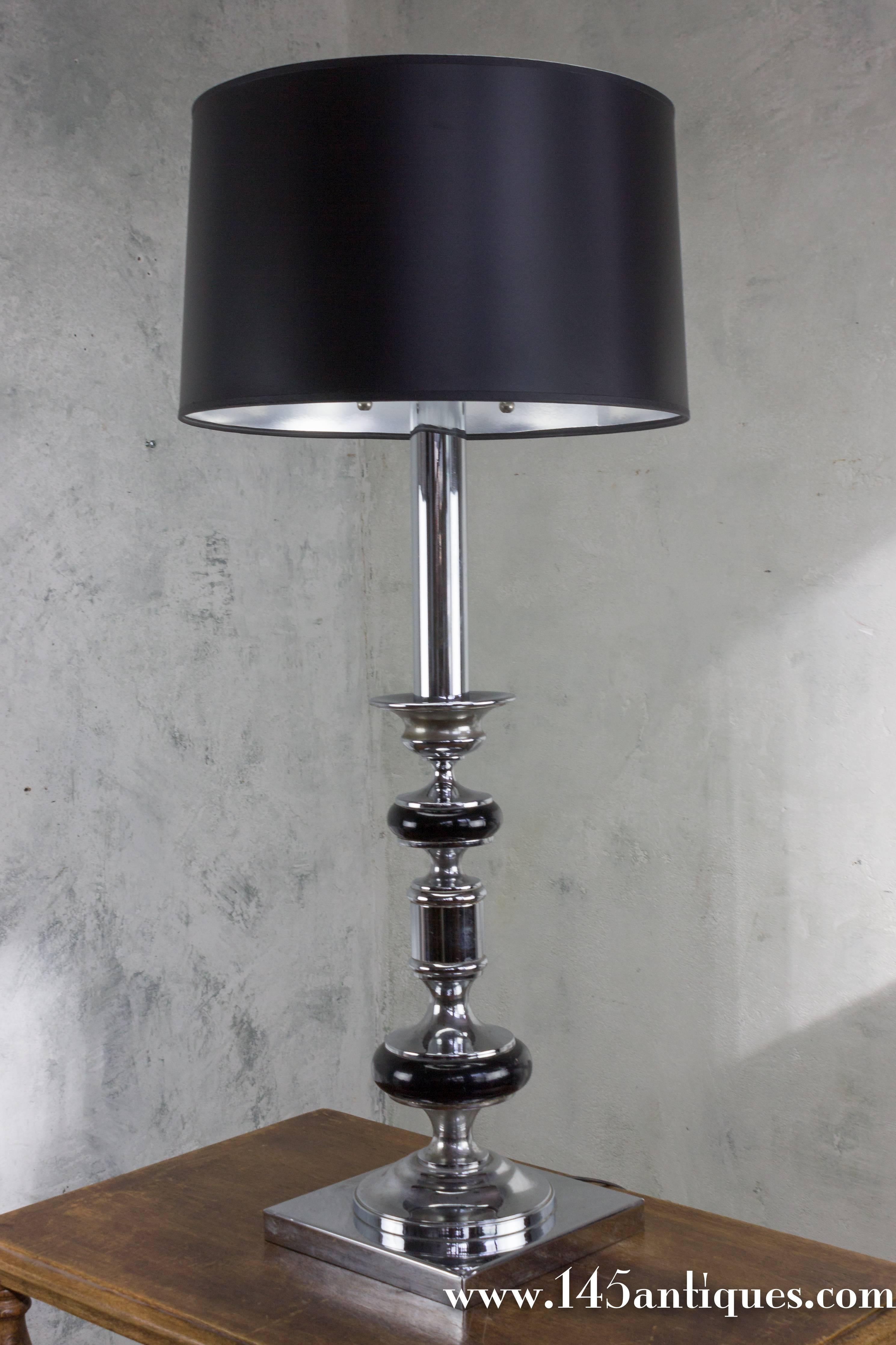 French 1960s Ebonized Wood and Nickel Plated Metal Lamp 5