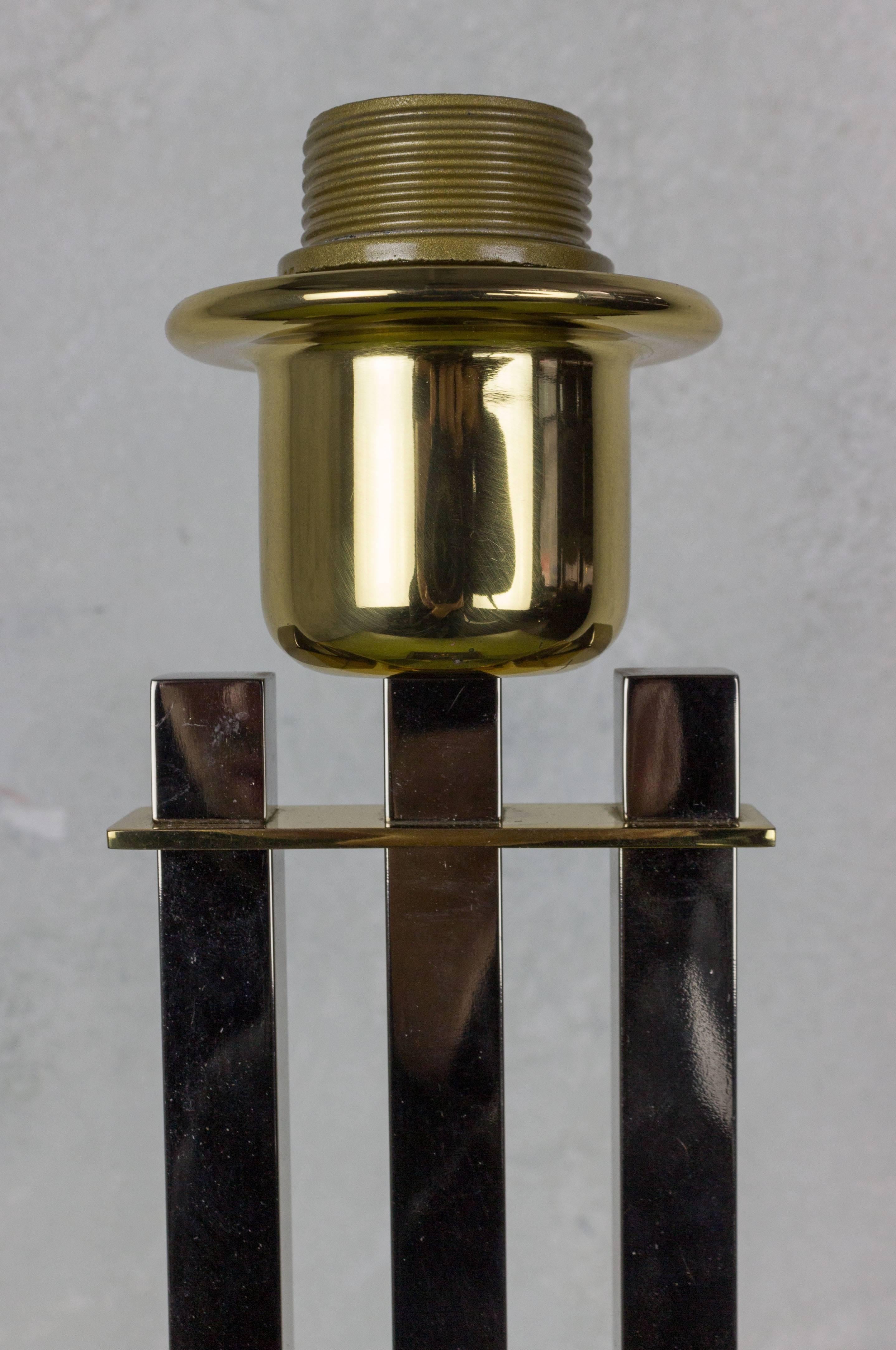 Late 20th Century French Modernist Three-Column Brass and Wood Table Lamp