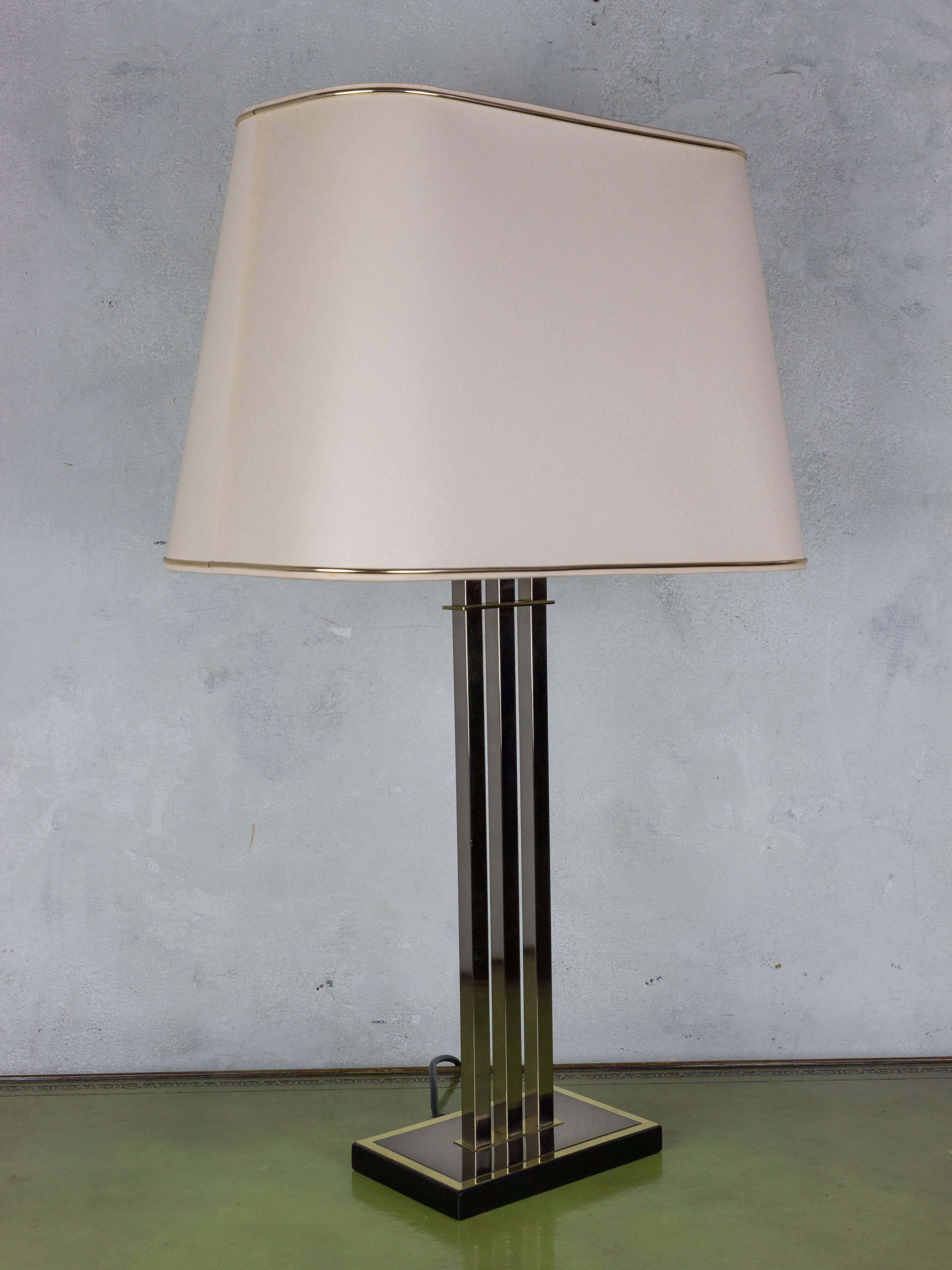French Modernist Three-Column Brass and Wood Table Lamp 2