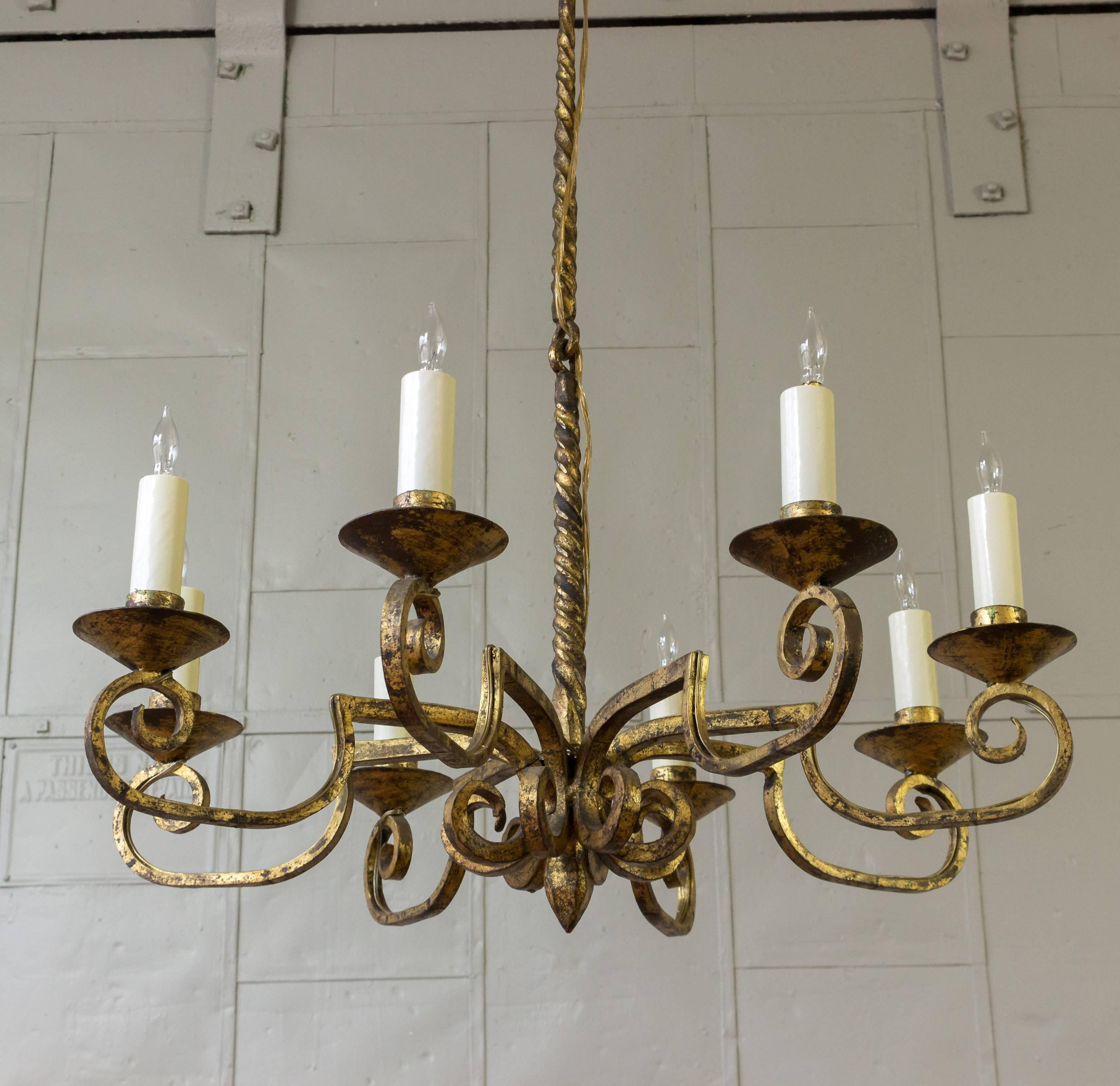 Unusual Spanish 19th Century Eight-Armed Chandelier with Twisted Metal Stem In Excellent Condition In Buchanan, NY