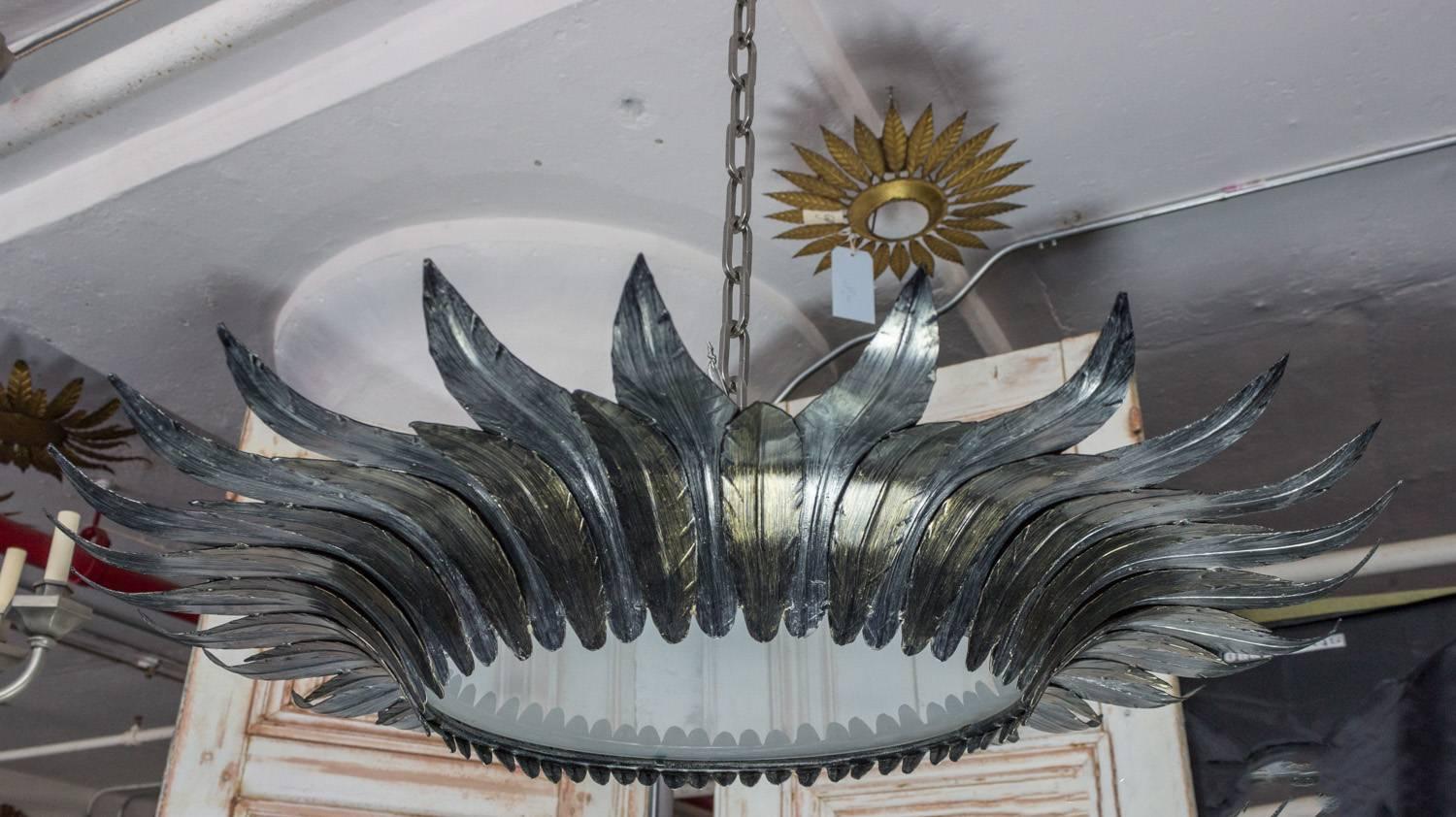 Spanish Flush Mount Sunburst Ceiling Fixture with Silver and Gold Leaves 1