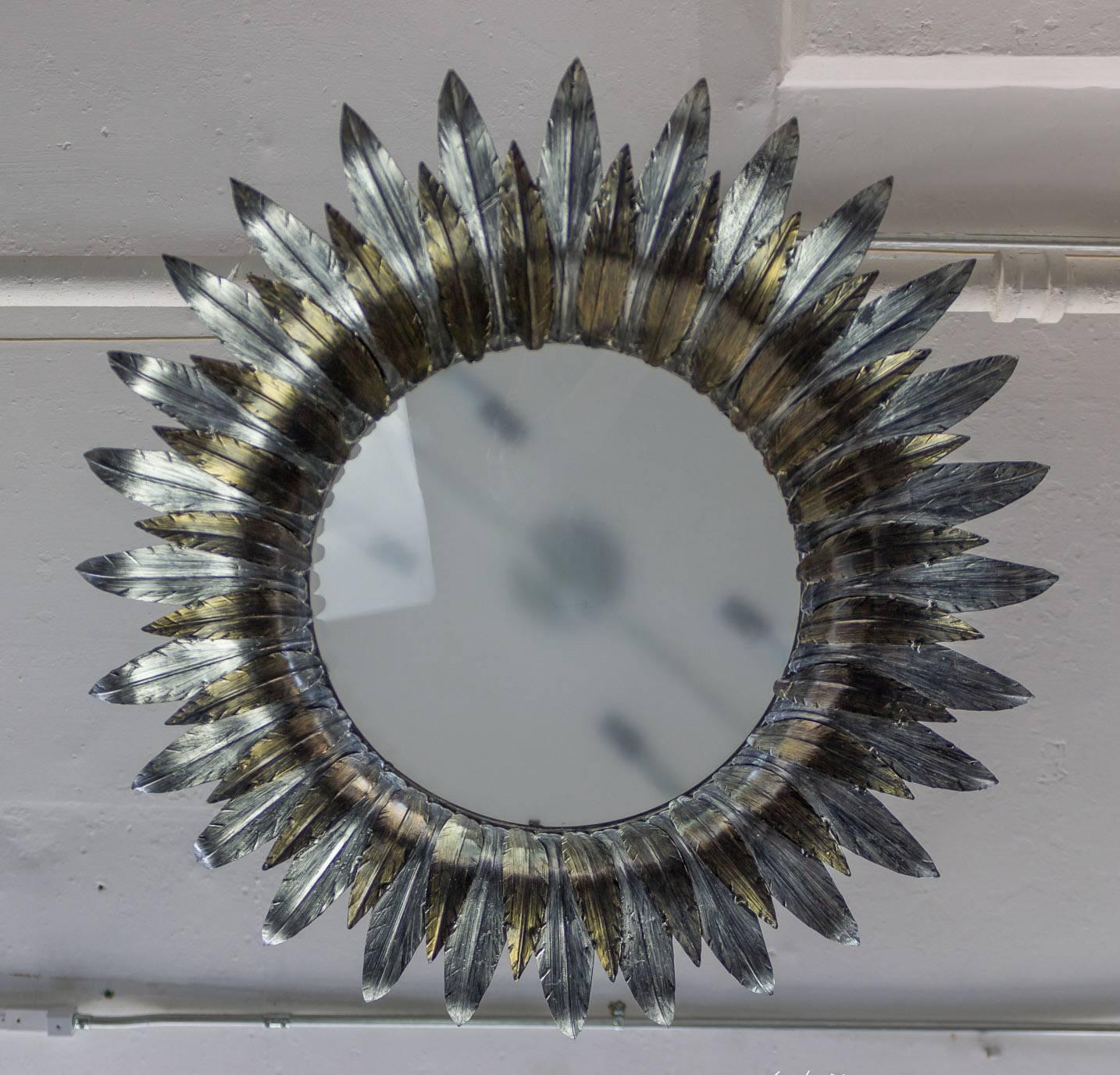 Spanish Flush Mount Sunburst Ceiling Fixture with Silver and Gold Leaves In Excellent Condition In Buchanan, NY