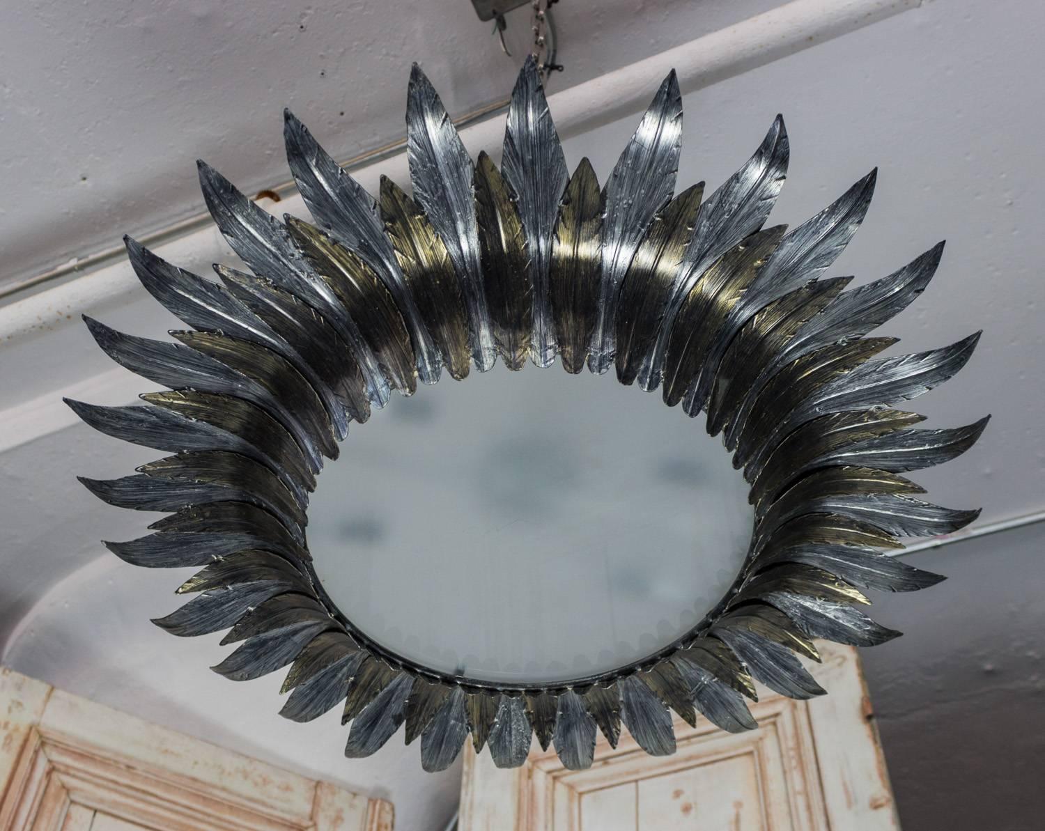 Spanish Flush Mount Sunburst Ceiling Fixture with Silver and Gold Leaves 6