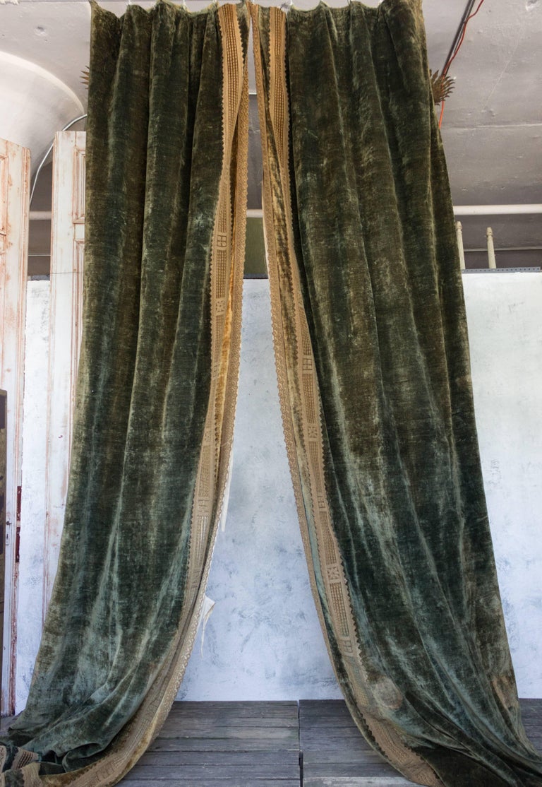 Set Of Three Pairs Of Antique Green Velvet Drapes For Sale At 1stdibs