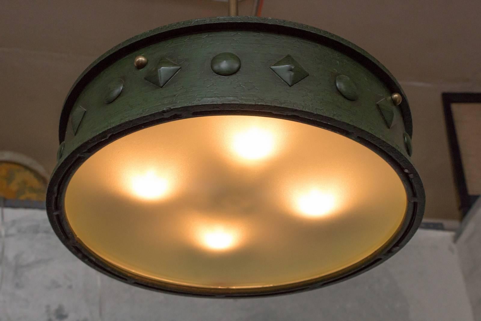Mid-20th Century French 1950's Green Patinated Suspended Ceiling Fixture