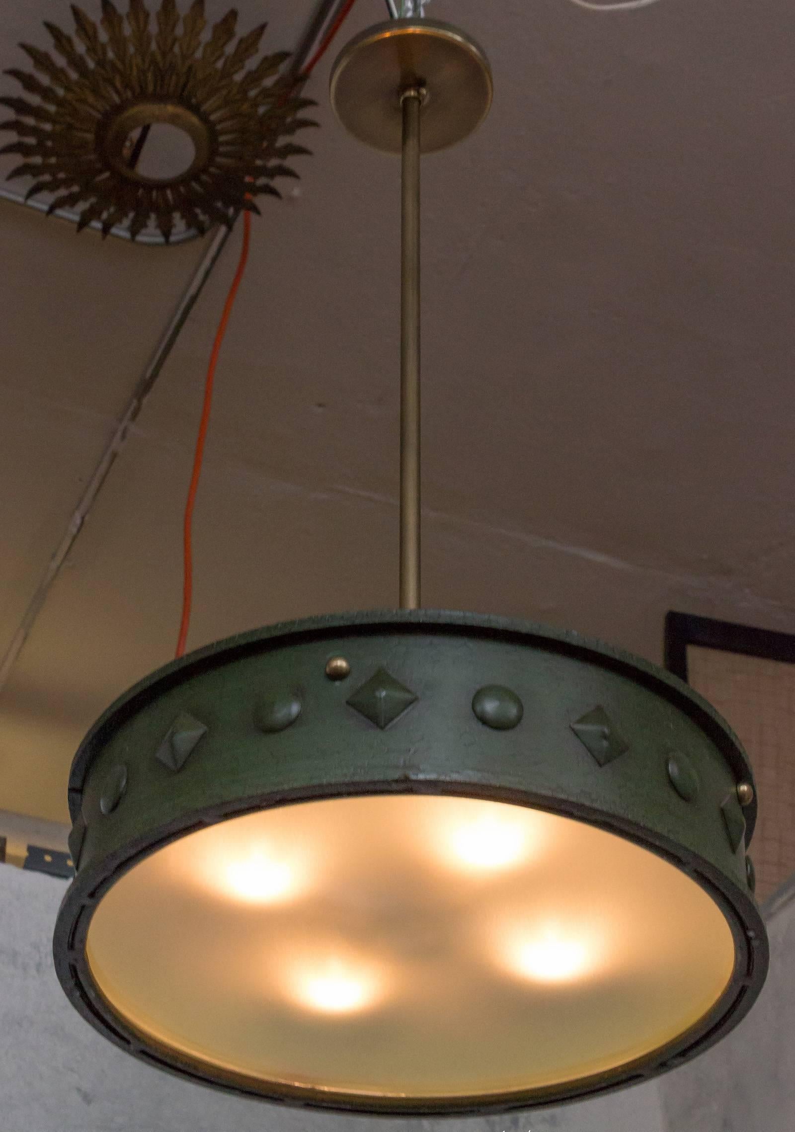 French 1950's Green Patinated Suspended Ceiling Fixture 1