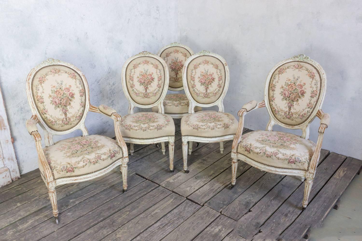 Pair of French 19th Century Louis XVI Style Armchairs in Petit Point Fabric 9