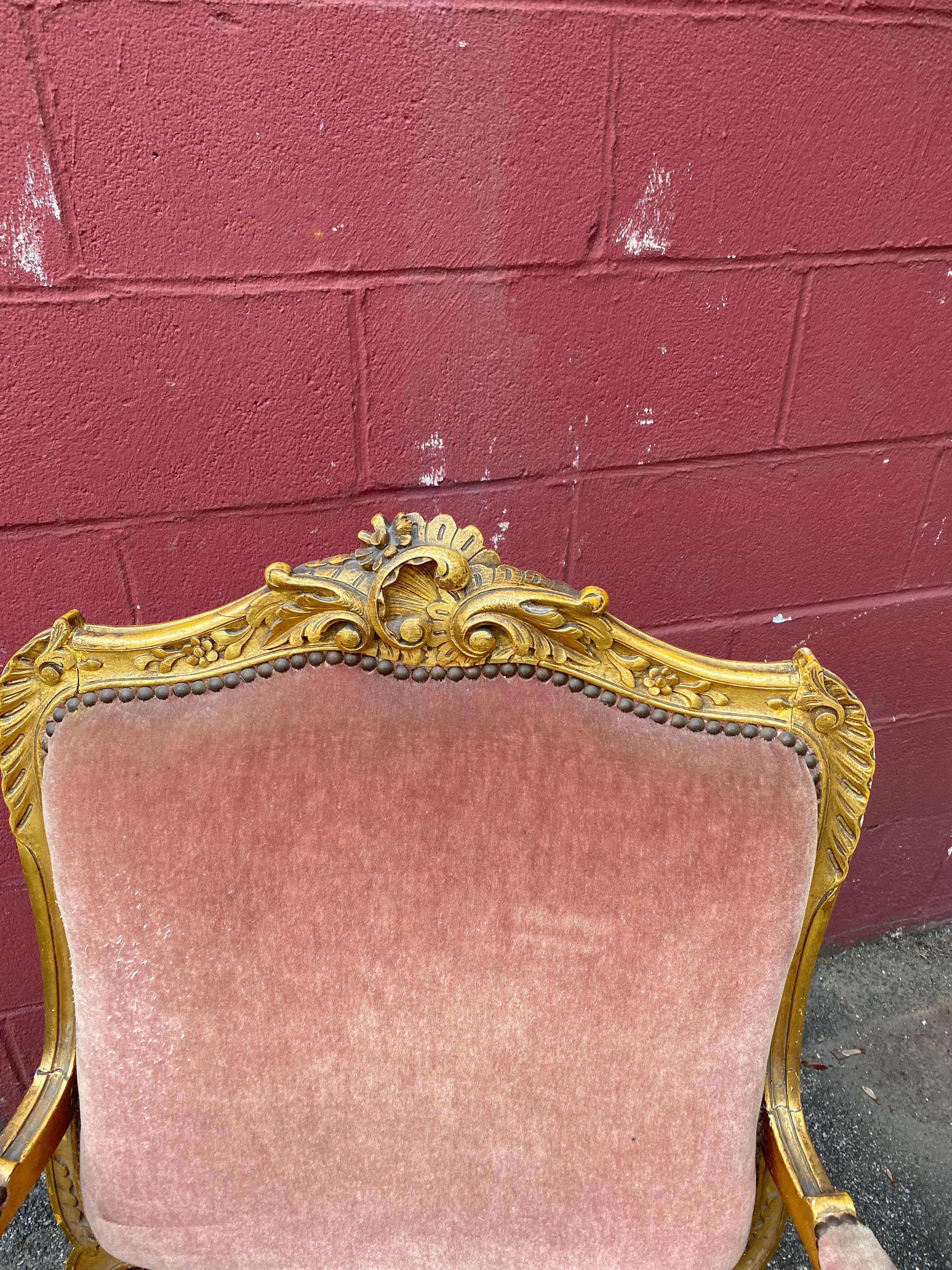 Pair of French Louis XV Style Gilt Armchairs in Faded Salmon Velvet 12