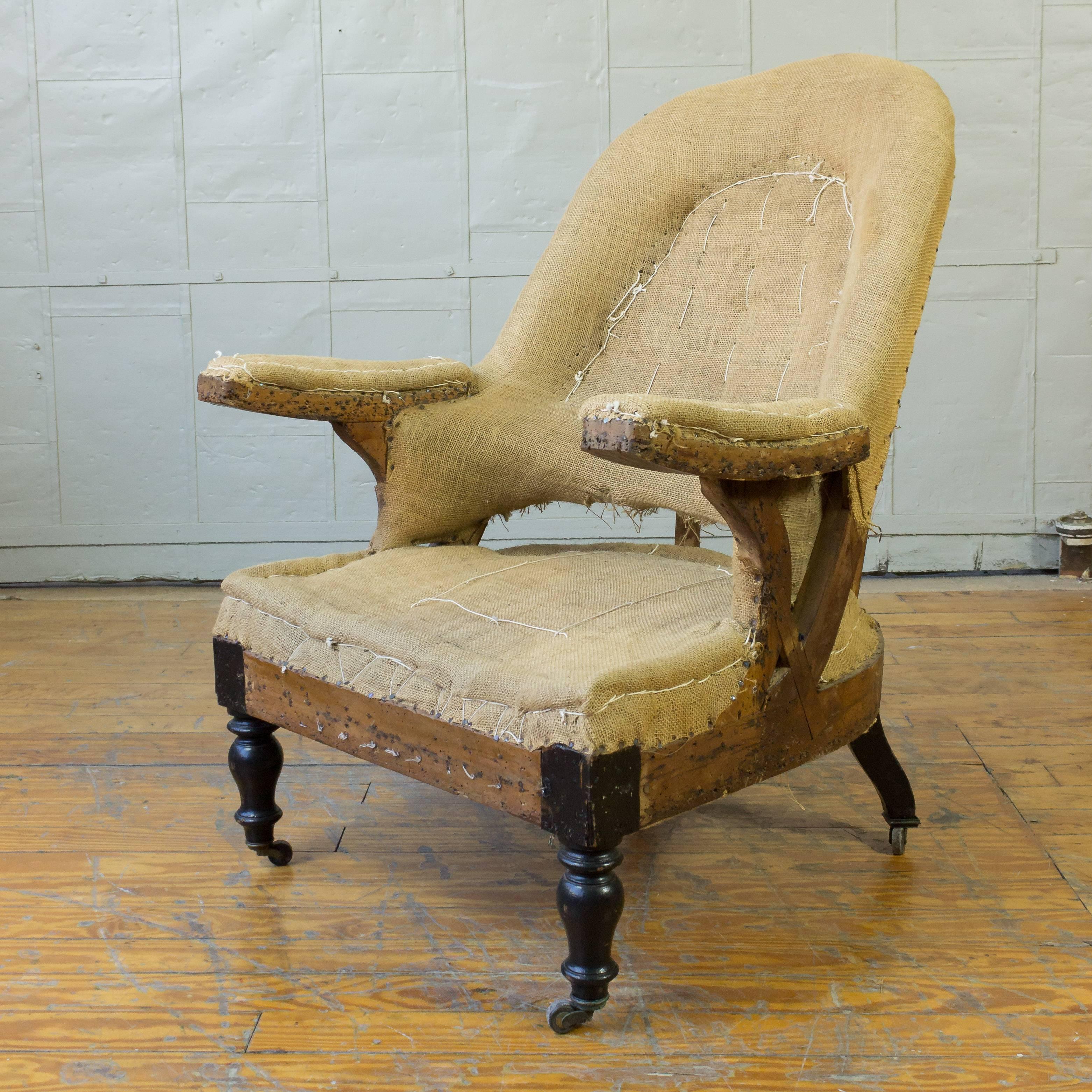 Exposed framed Napoleon III armchair on casters, ready to be upholstered. Please contact for upholstery option.