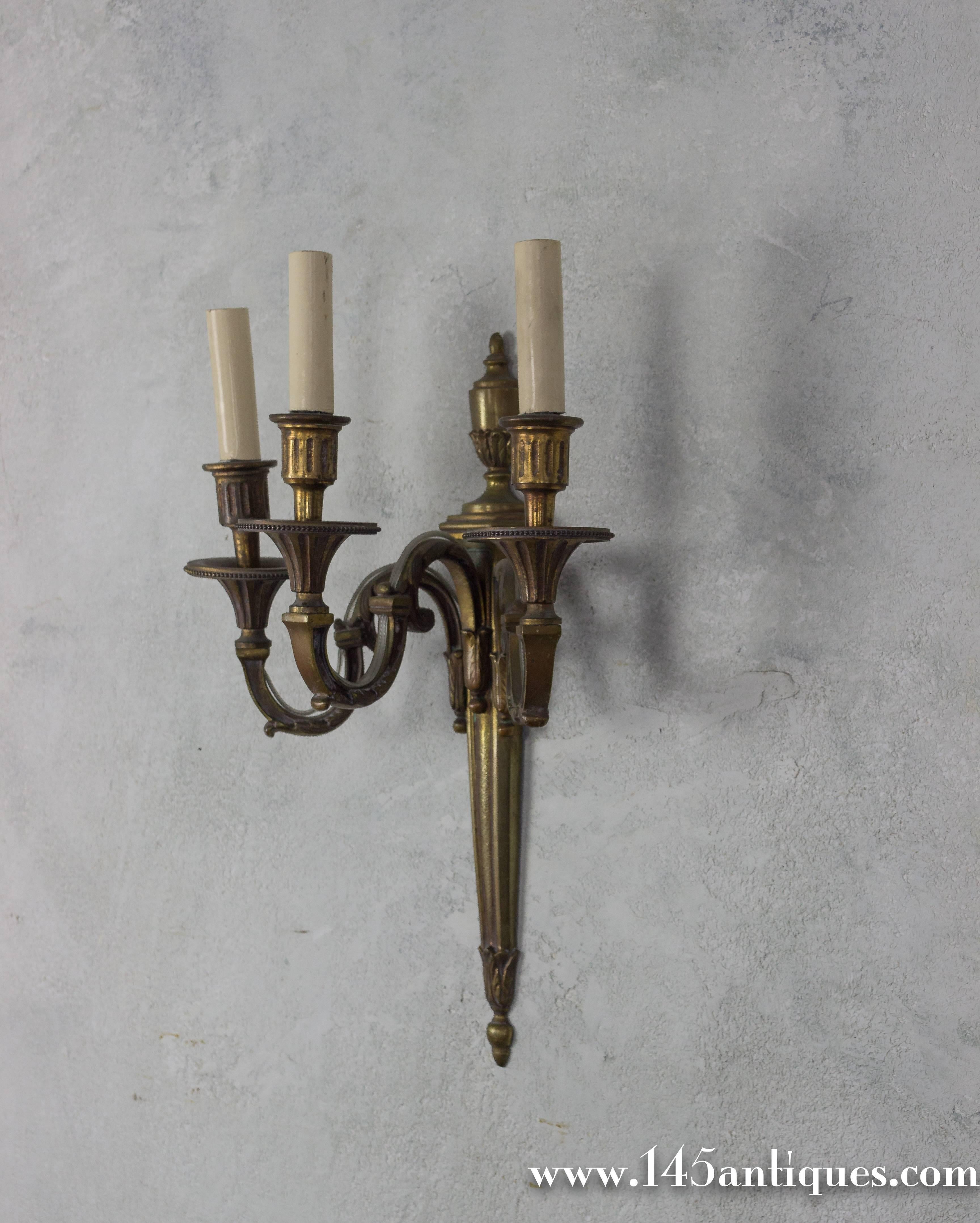 Louis XVI Pair of French 1920s Three-Arm Gilt Bronze Sconces