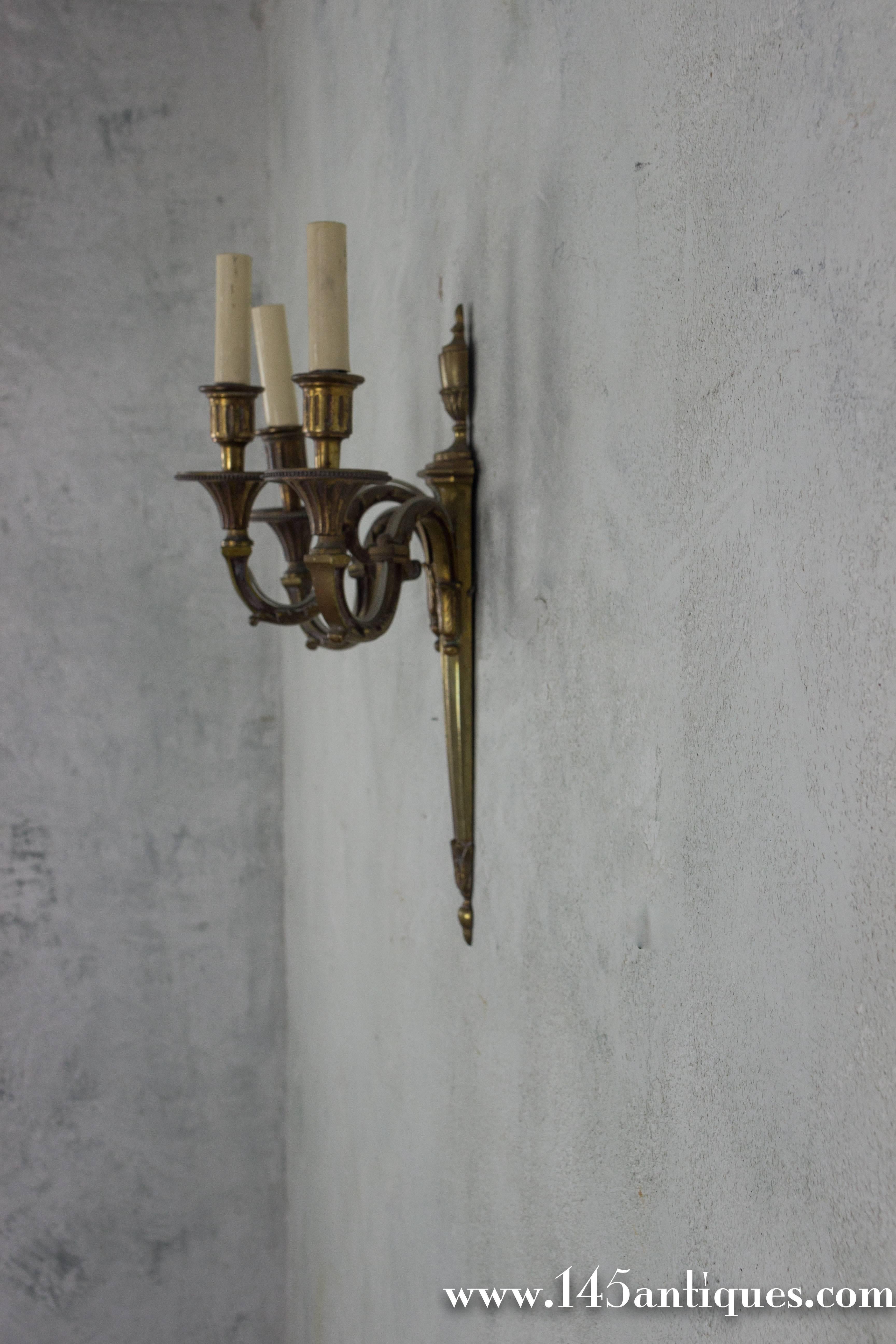 Pair of French 1920s Three-Arm Gilt Bronze Sconces In Good Condition In Buchanan, NY