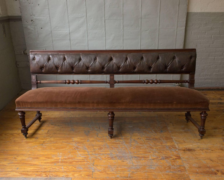 French Mahogany Bench with Velvet Seat and Leather Back For Sale at 1stdibs