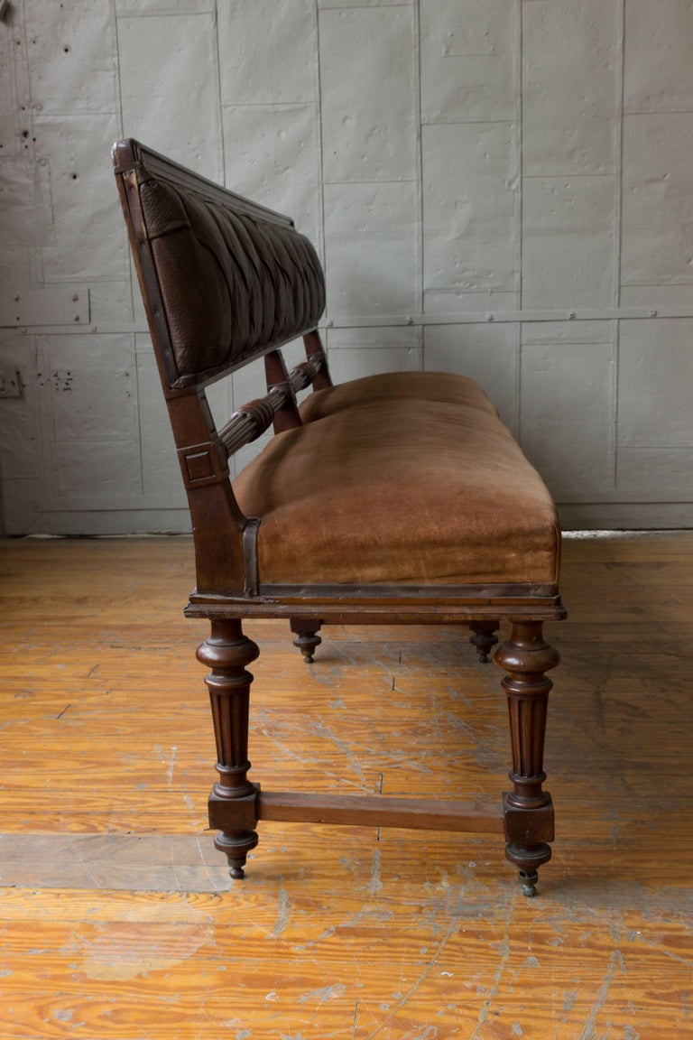 French Mahogany Bench with Velvet Seat and Leather Back For Sale at 1stdibs