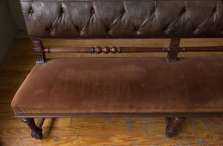 French Mahogany Bench with Velvet Seat and Leather Back For Sale at 1stdibs