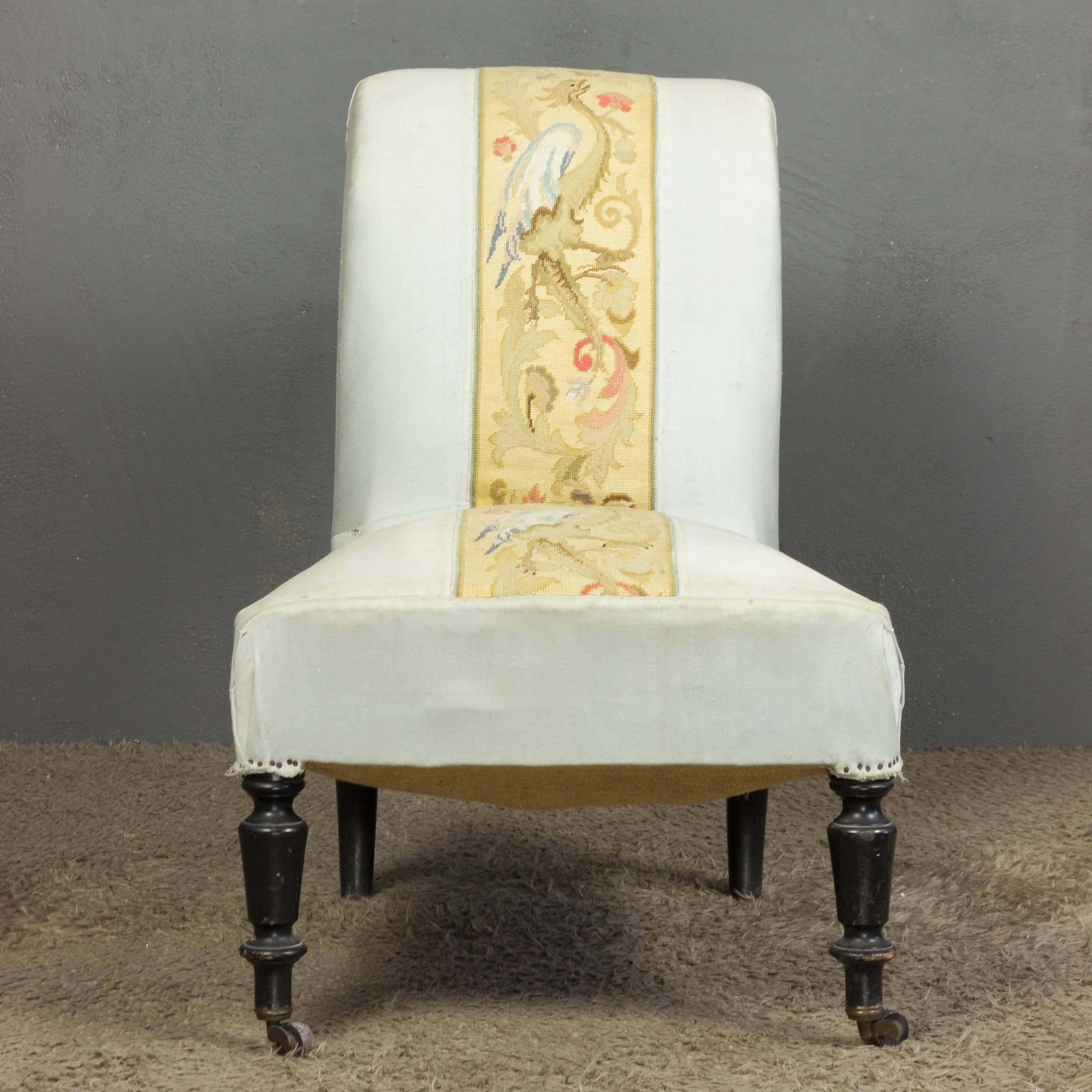 Napoleon III French Scrolled Back Slipper Chair with Embroidery For Sale