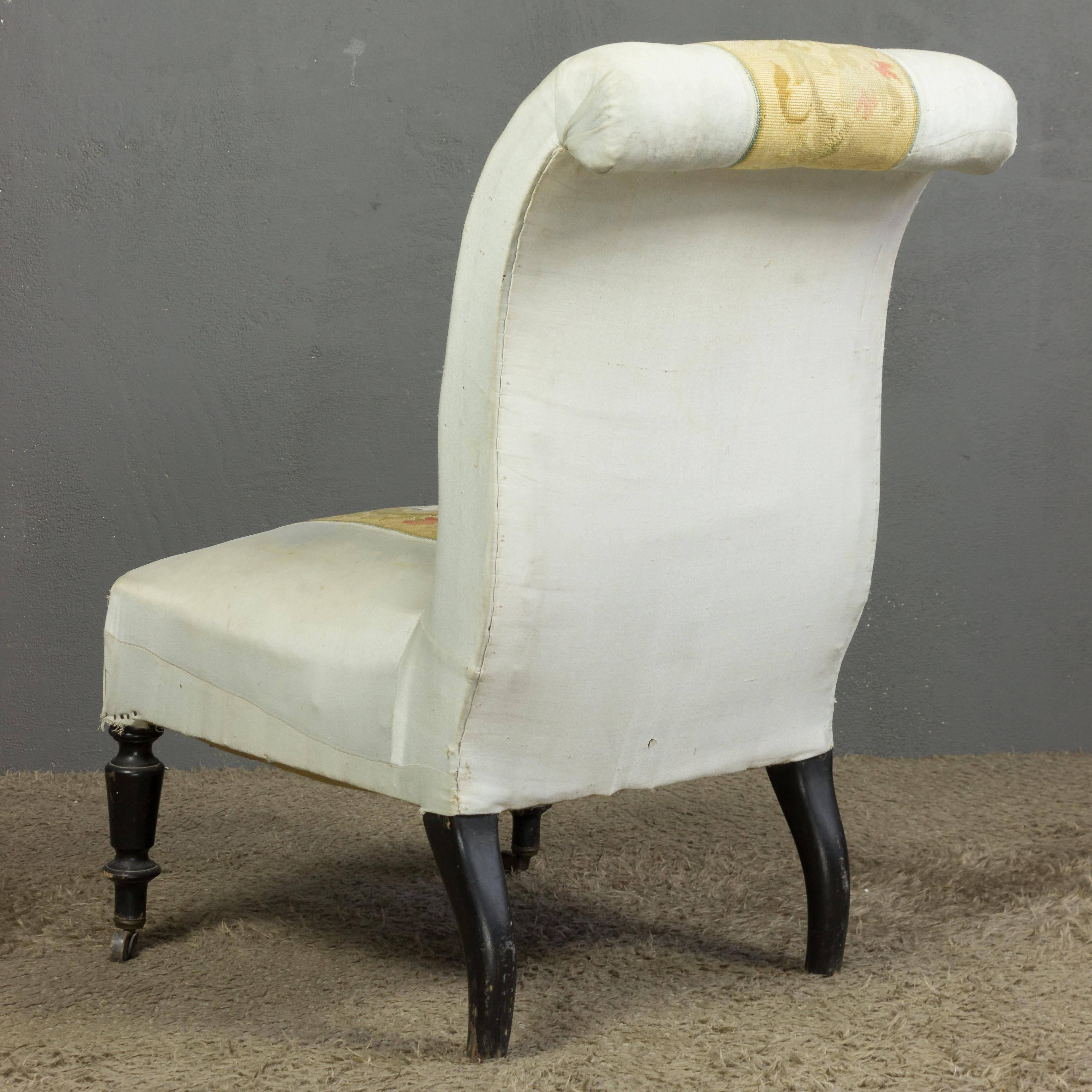 Upholstery French Scrolled Back Slipper Chair with Embroidery For Sale