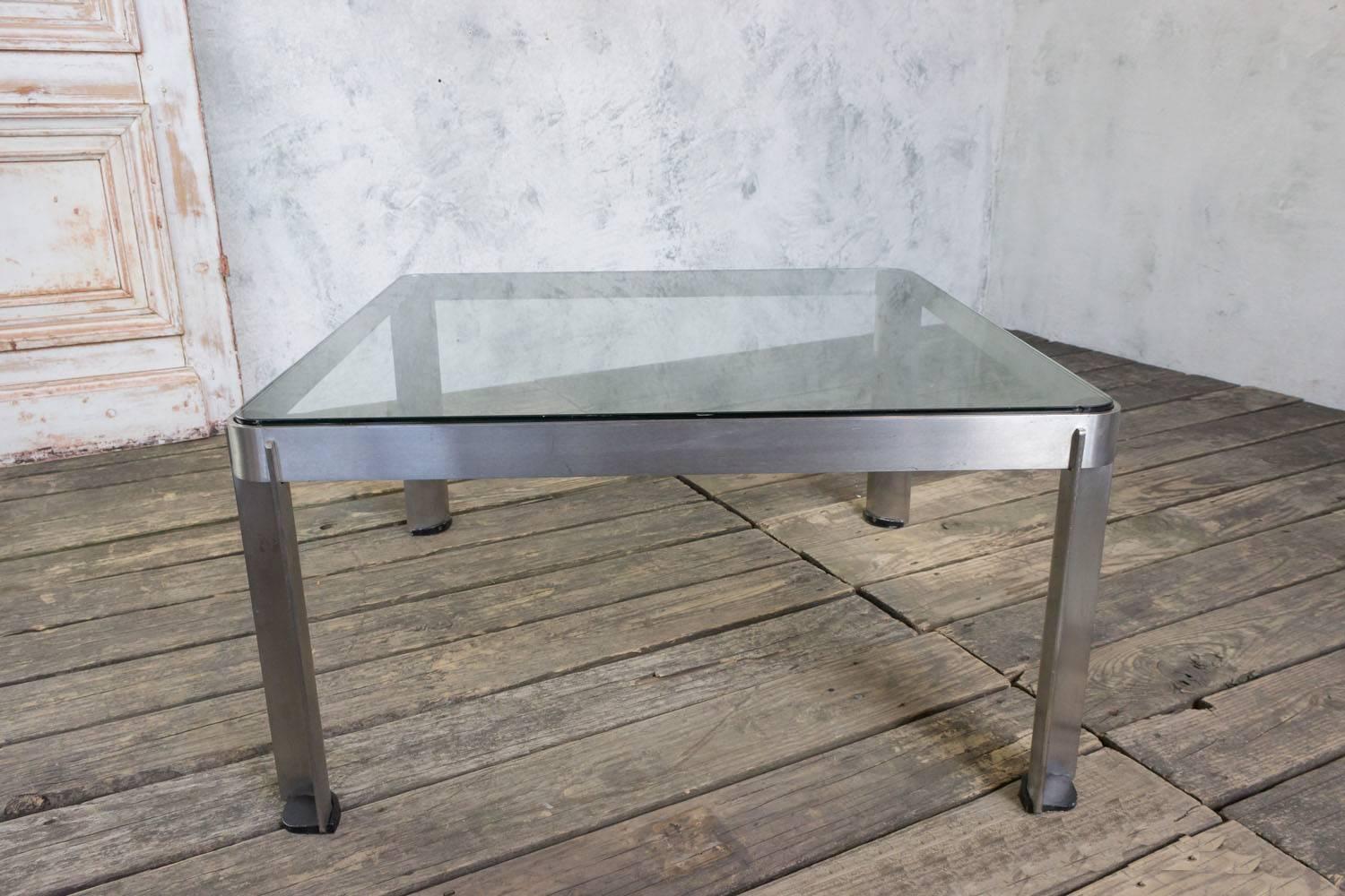 Brushed 1980s French Aluminium and Glass Coffee Table For Sale
