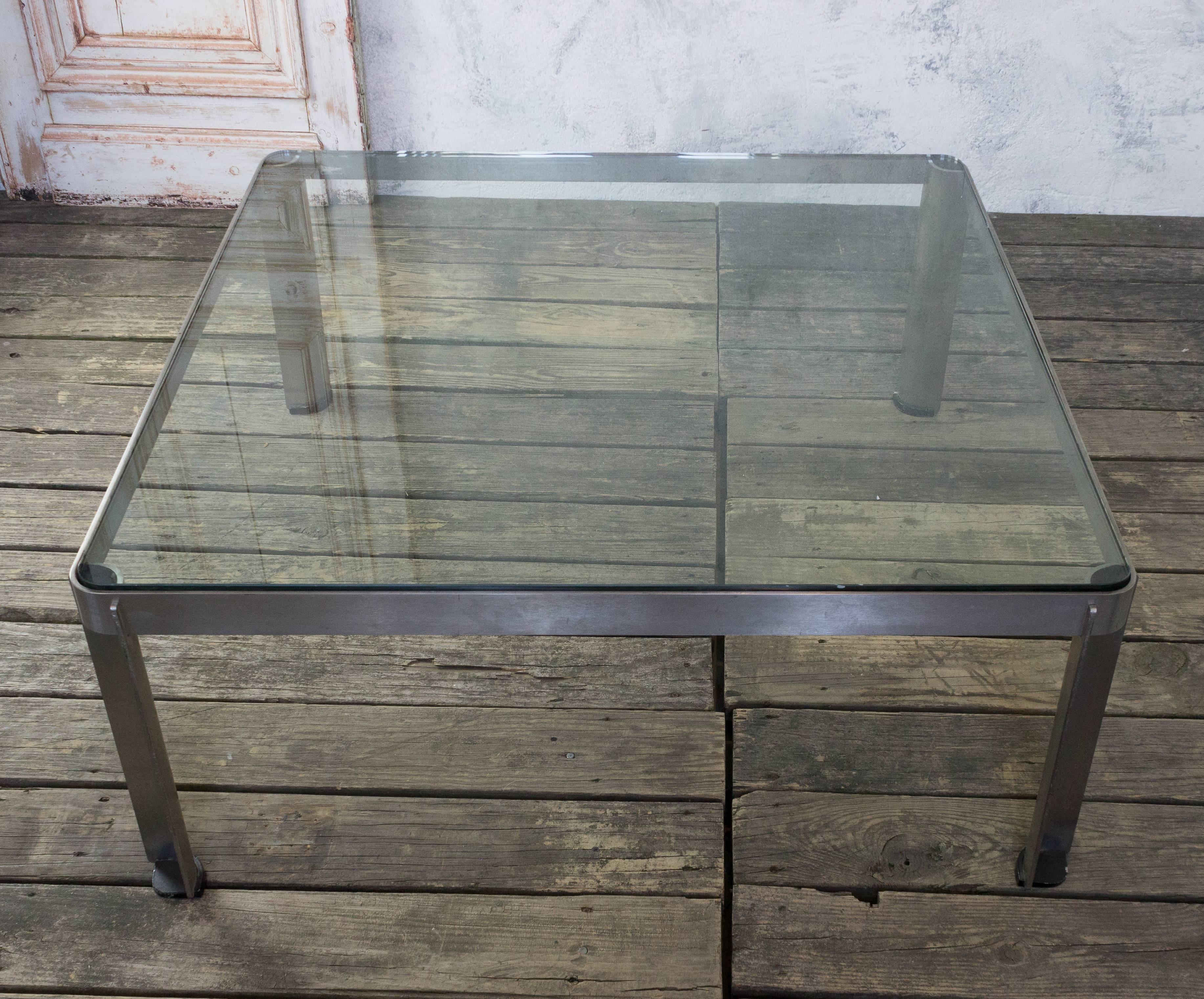 Late 20th Century Vintage French Aluminum and Glass Coffee Table For Sale