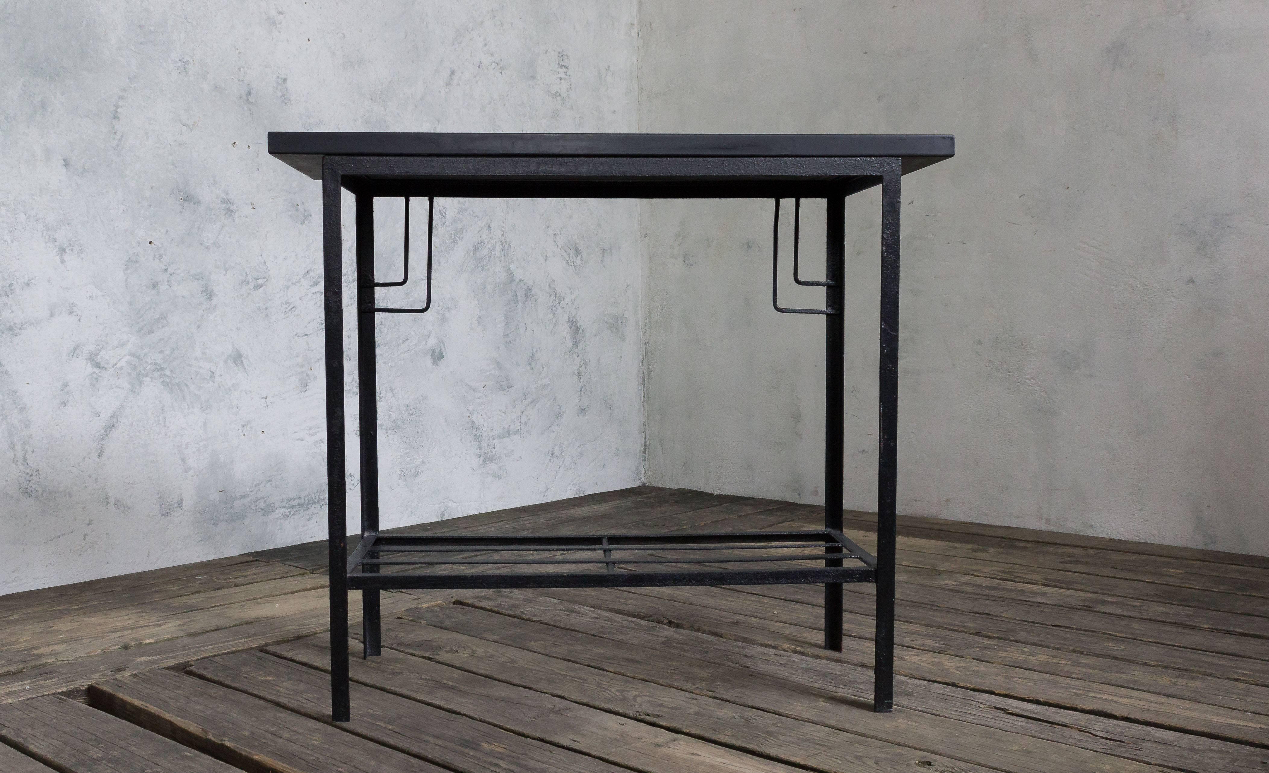 American Mid-Century Modern Industrial painted iron console with black stone top. Measures: 31.25