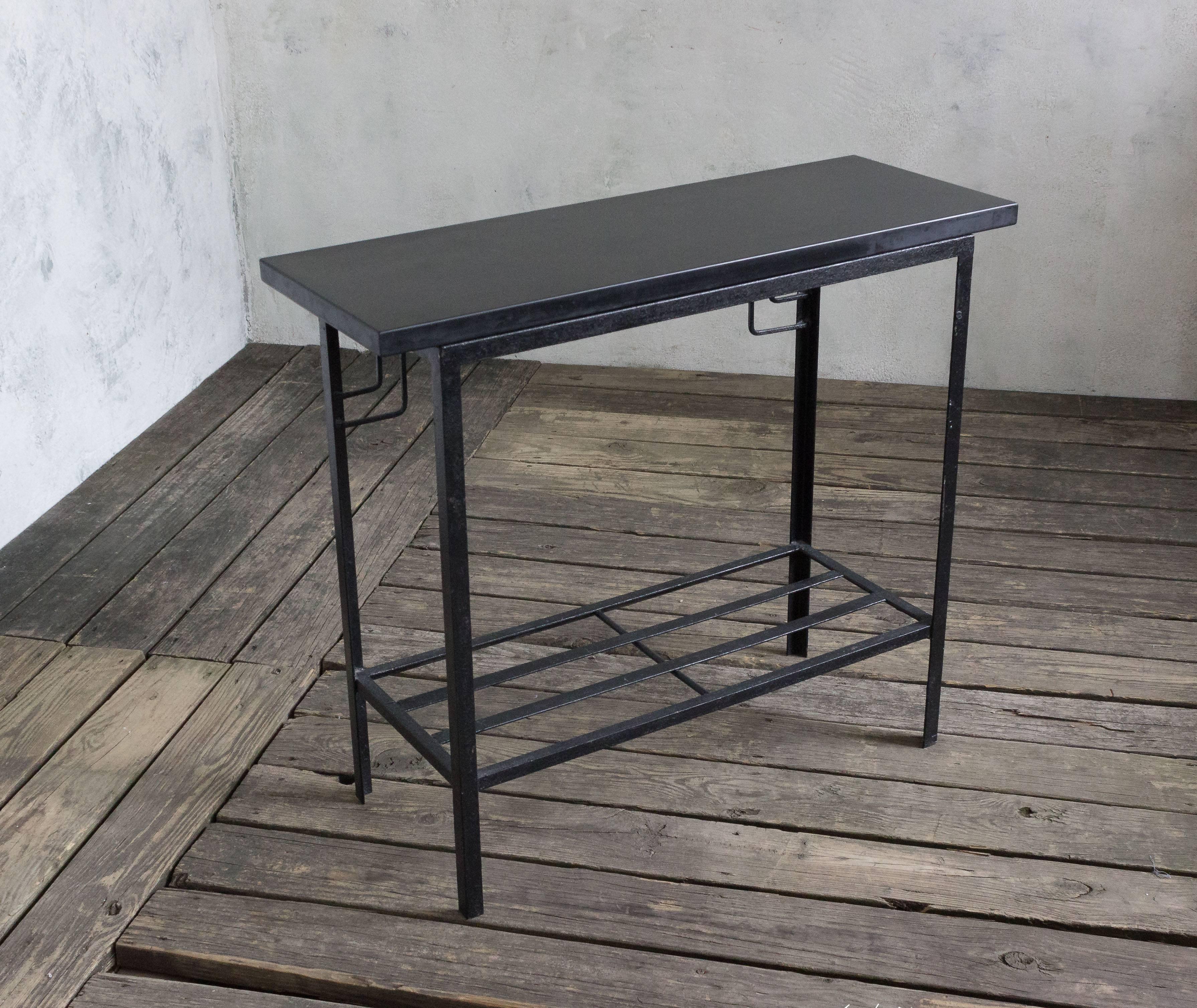 American Painted Black Iron Console with Black Stone Top, Mid-Century Modern
