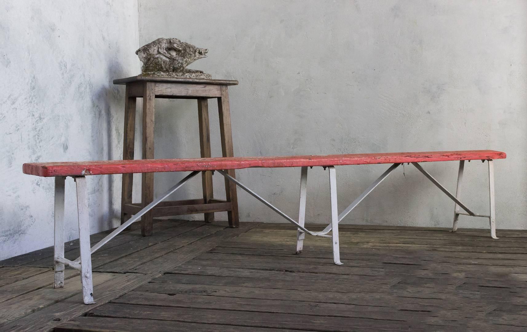 Pair of French Red and White Painted Industrial Benches 1