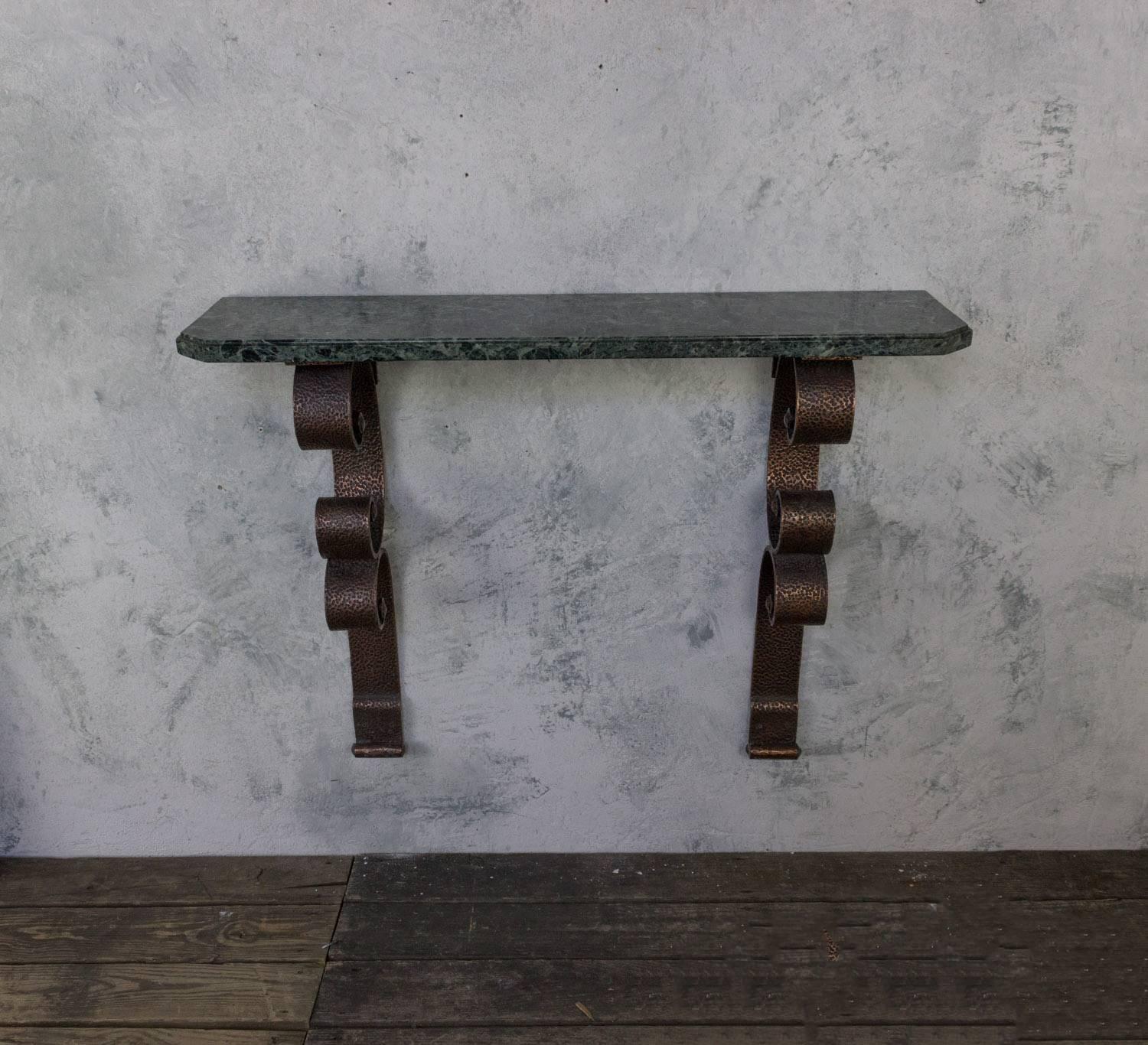 Iron French Copper-Plated Console with Green Marble