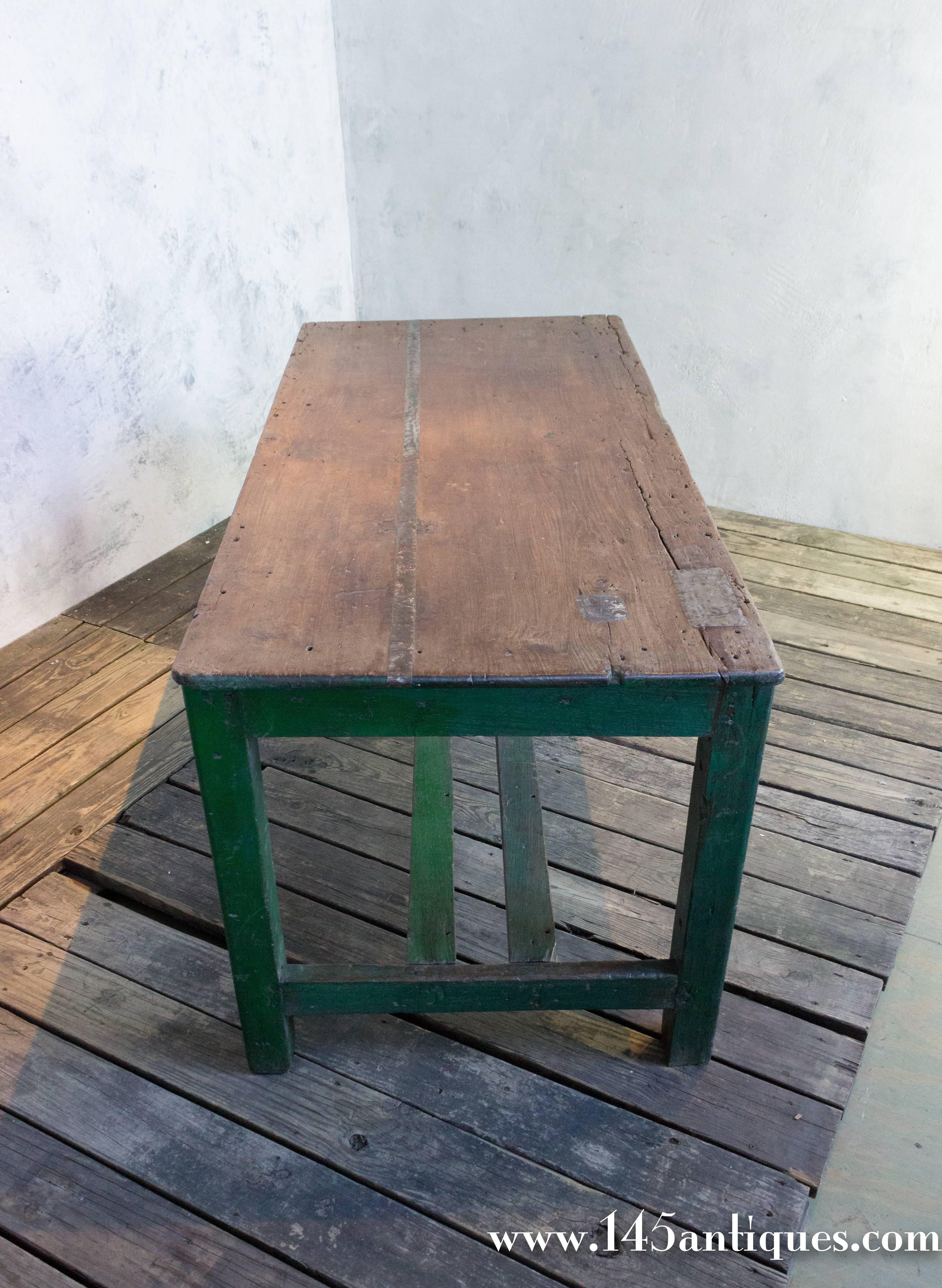 Large French Industrial Wooden Table with Green Paint 2