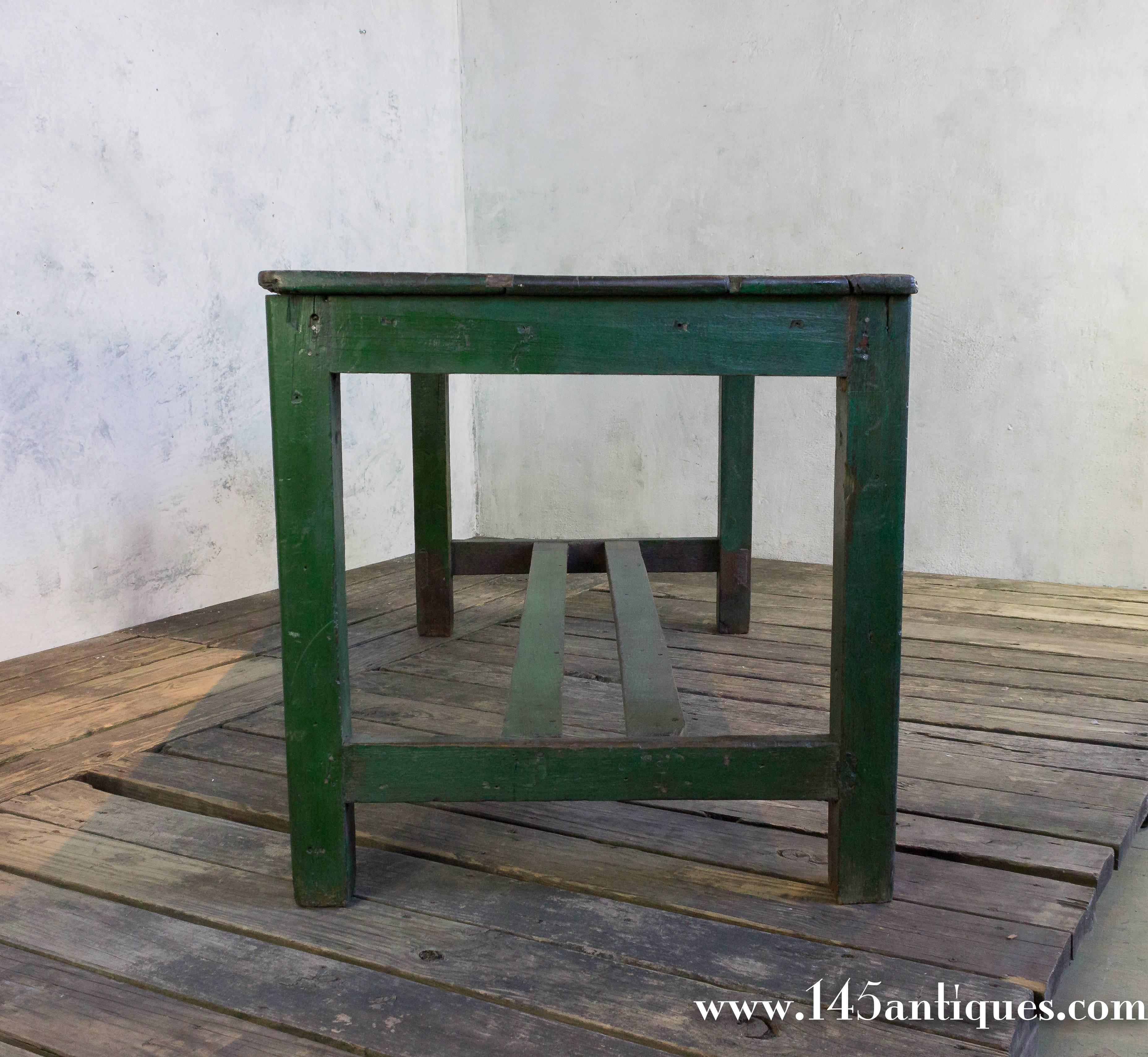 20th Century Large French Industrial Wooden Table with Green Paint