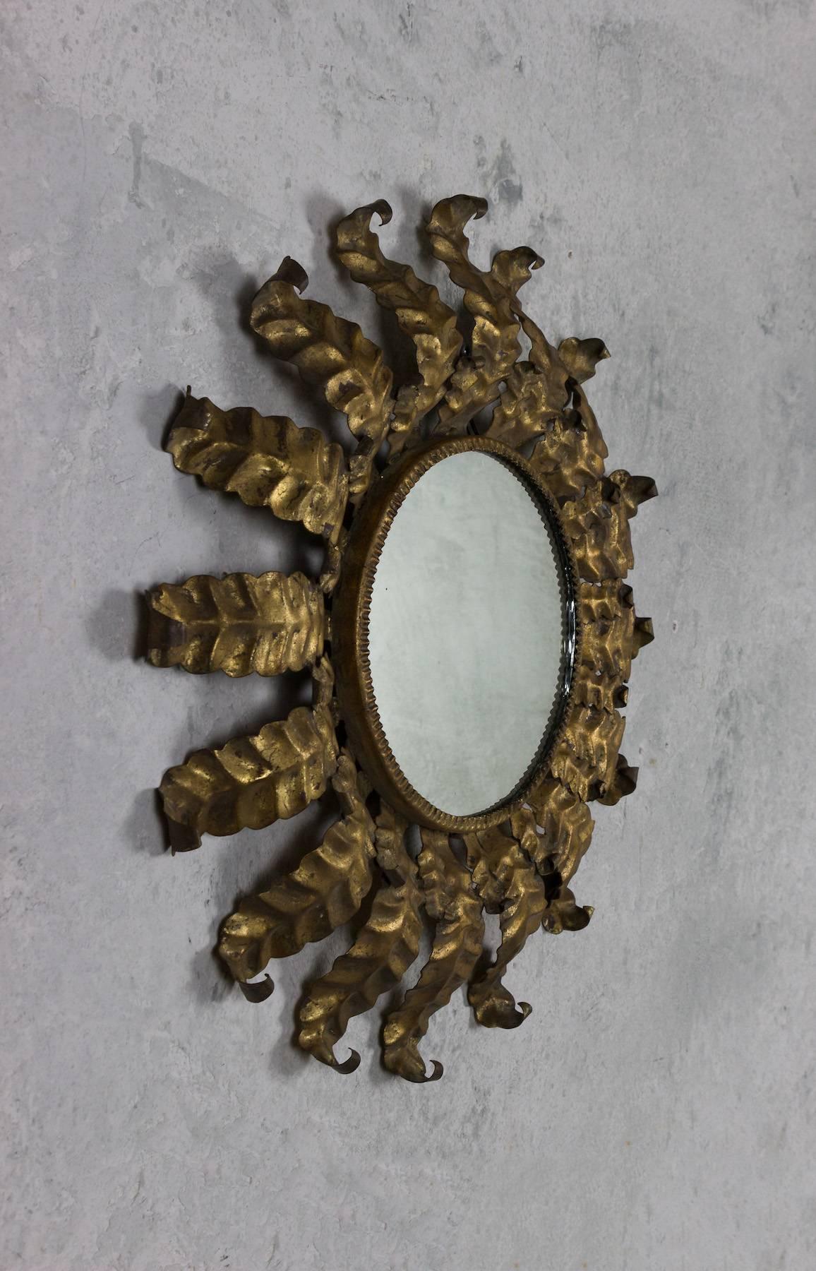 Spanish Unusual Round Gilt Metal Sunburst Mirror