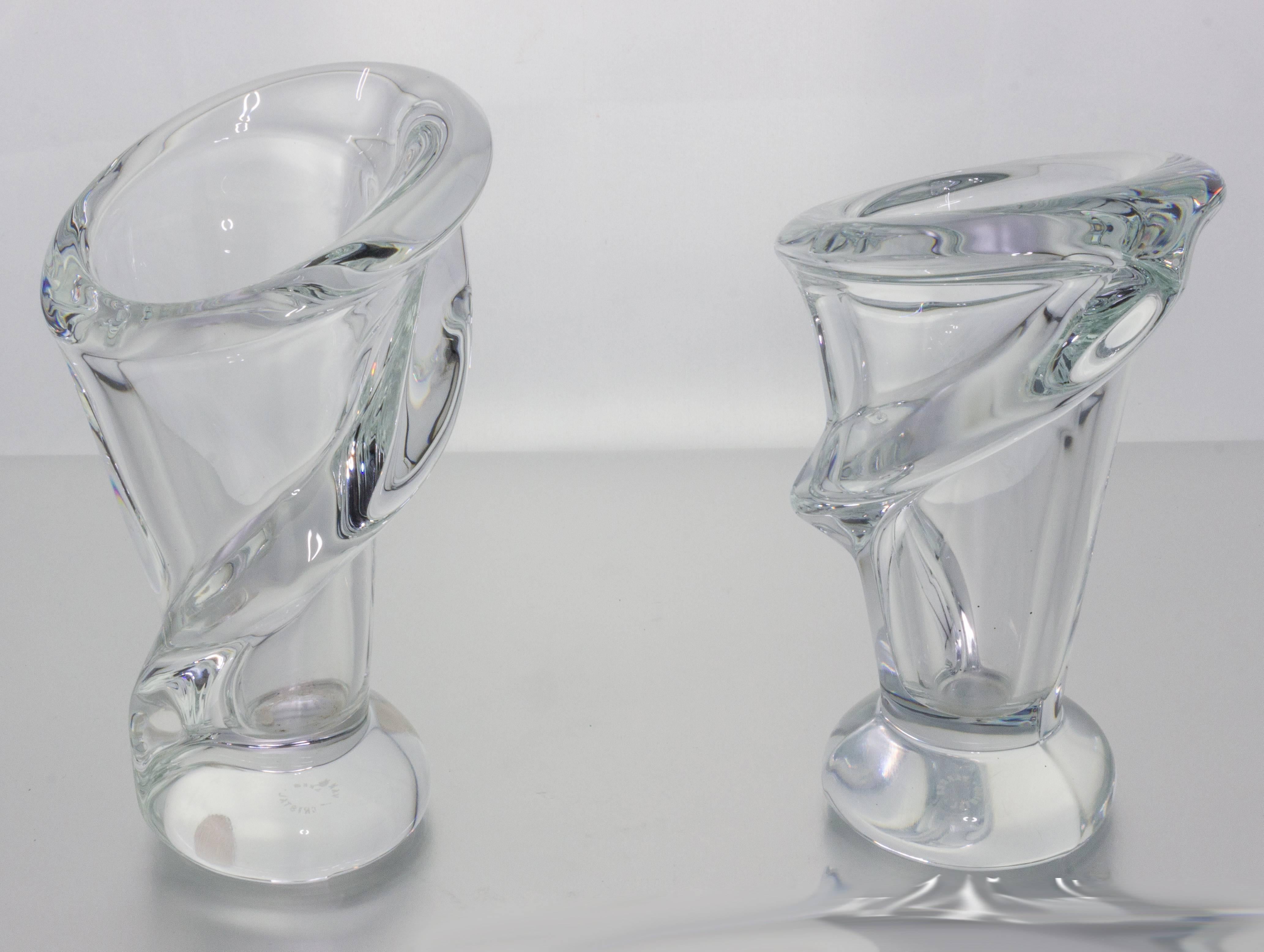 Pair of French crystal vases with a single swirl design signed by Vannes.