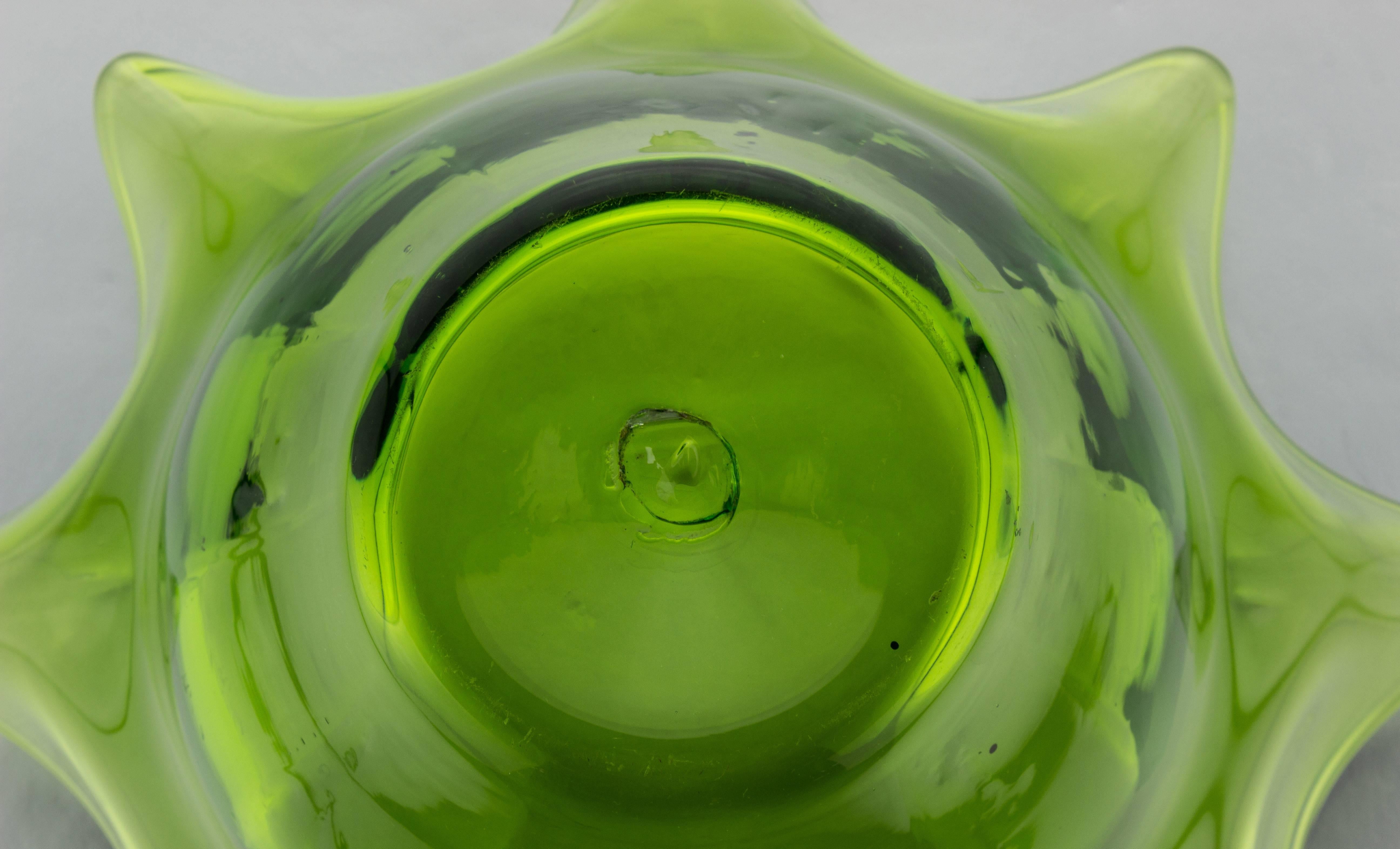 Art Glass Mid Century Green Blenko Fluted Fruit Bowl For Sale