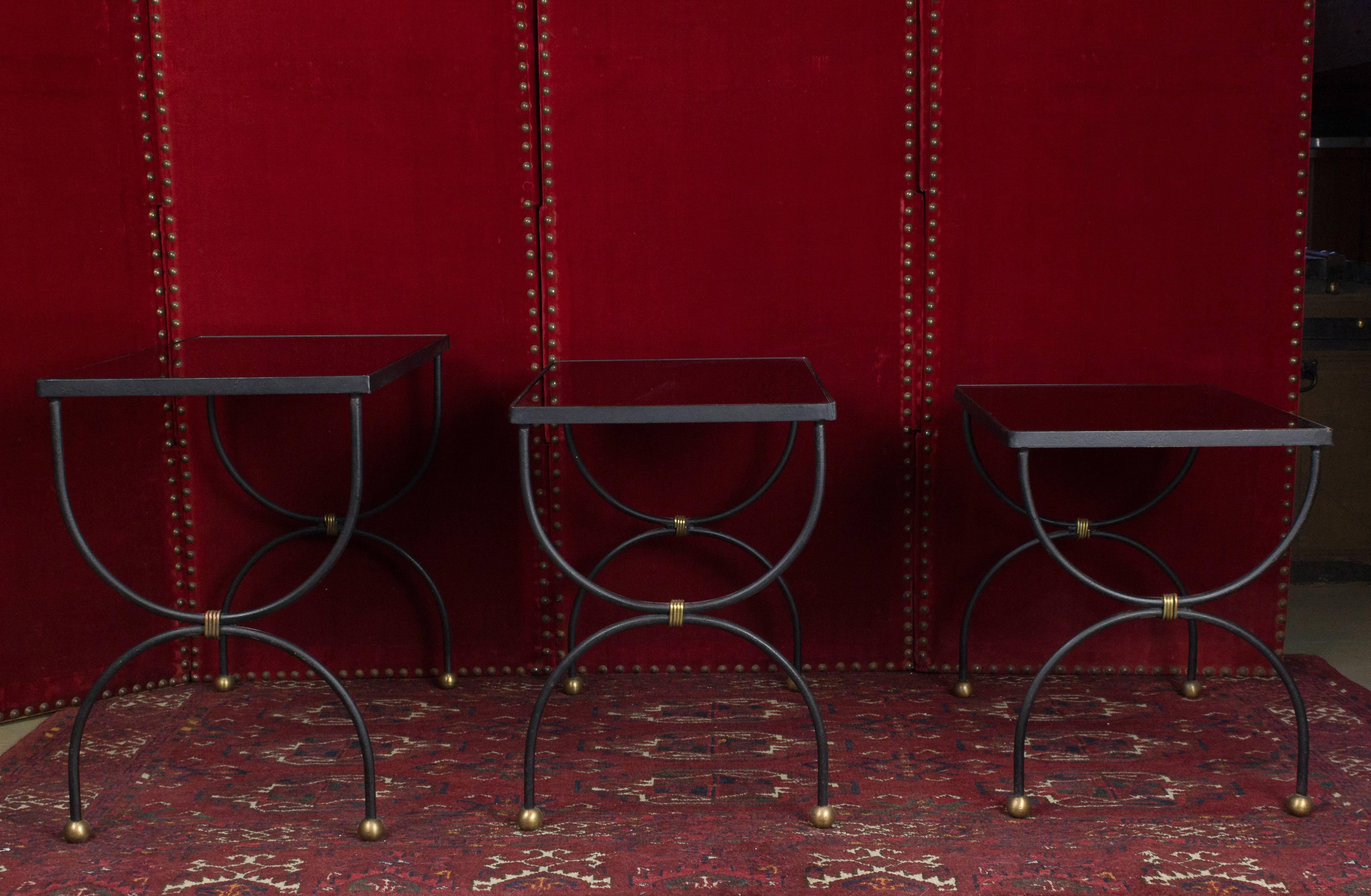 Mid-Century French Nesting Tables with Glass Tops For Sale 1