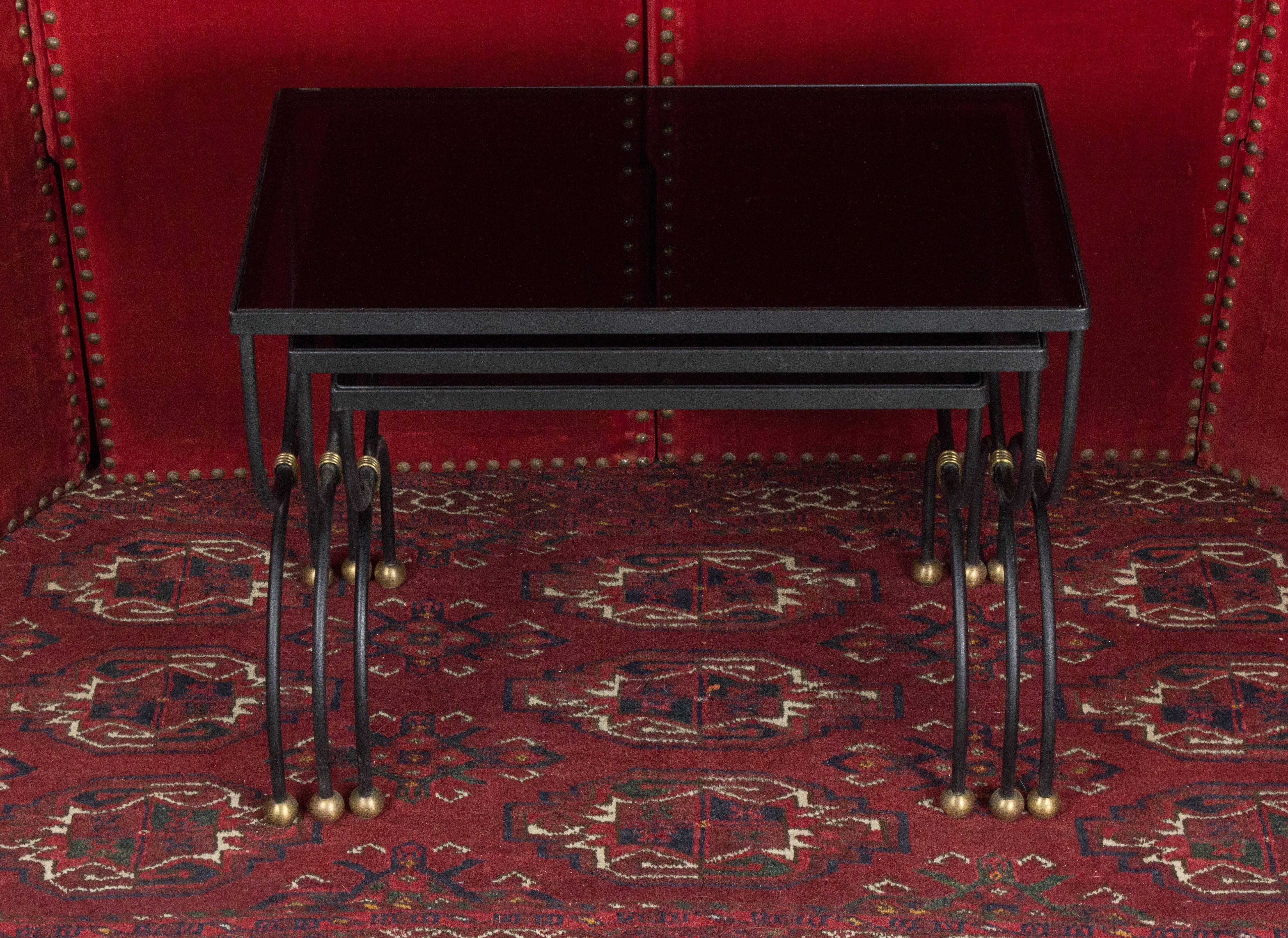 Mid-Century French Nesting Tables with Glass Tops For Sale 2