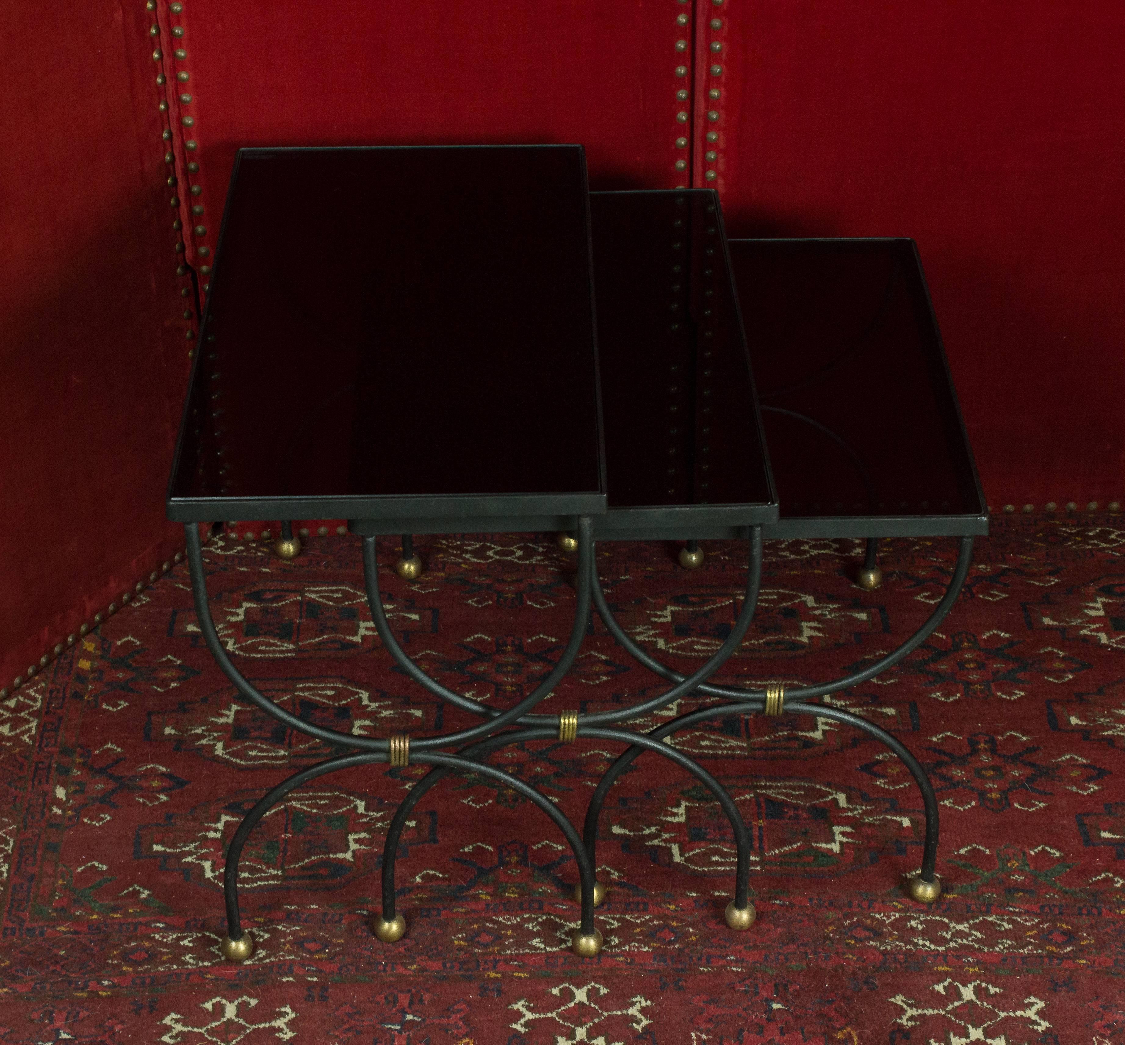 Mid-Century French Nesting Tables with Glass Tops For Sale 3