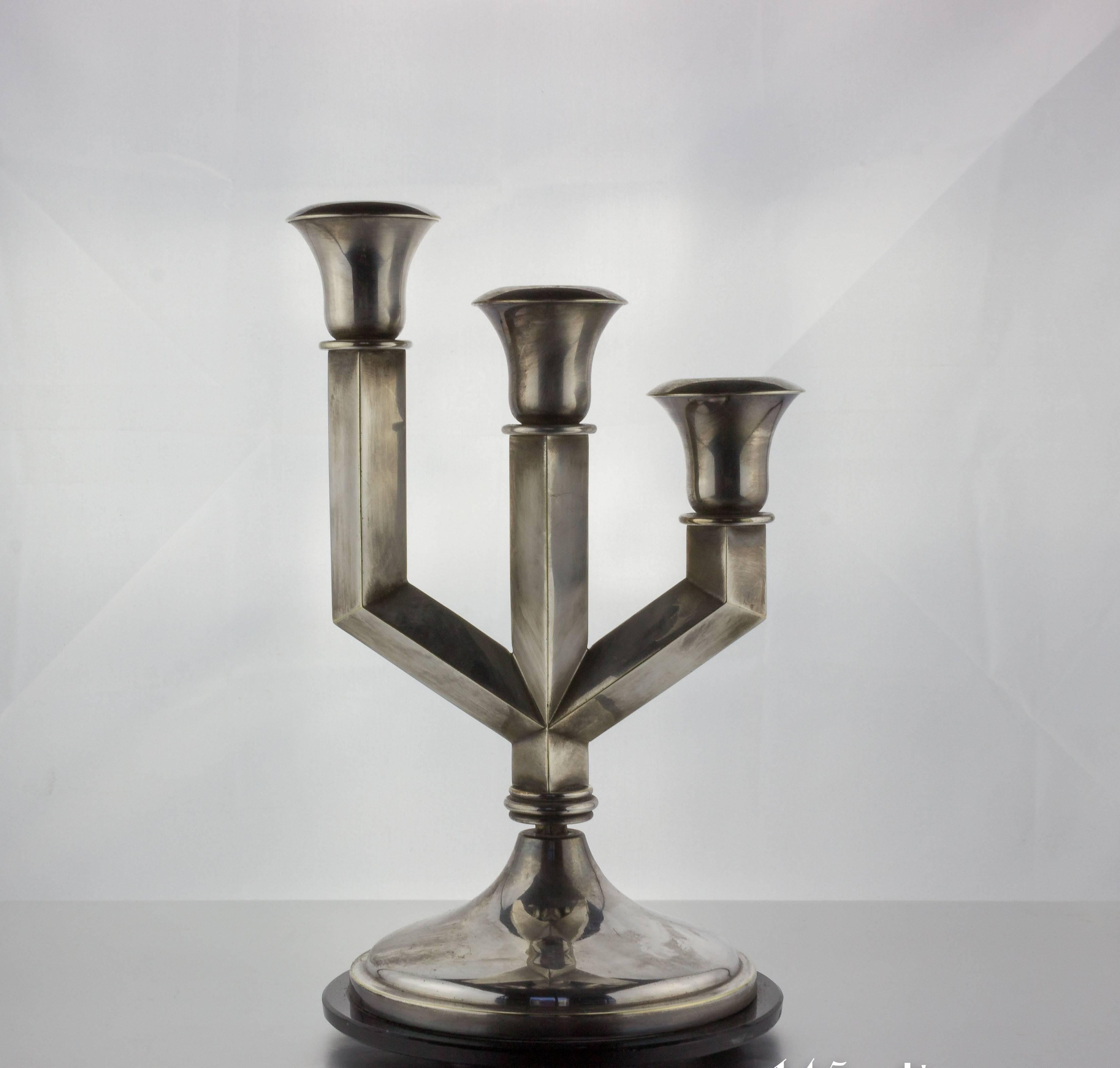 Pair of French Art Deco Silver Plated Three-Armed Candelabras In Good Condition For Sale In Buchanan, NY