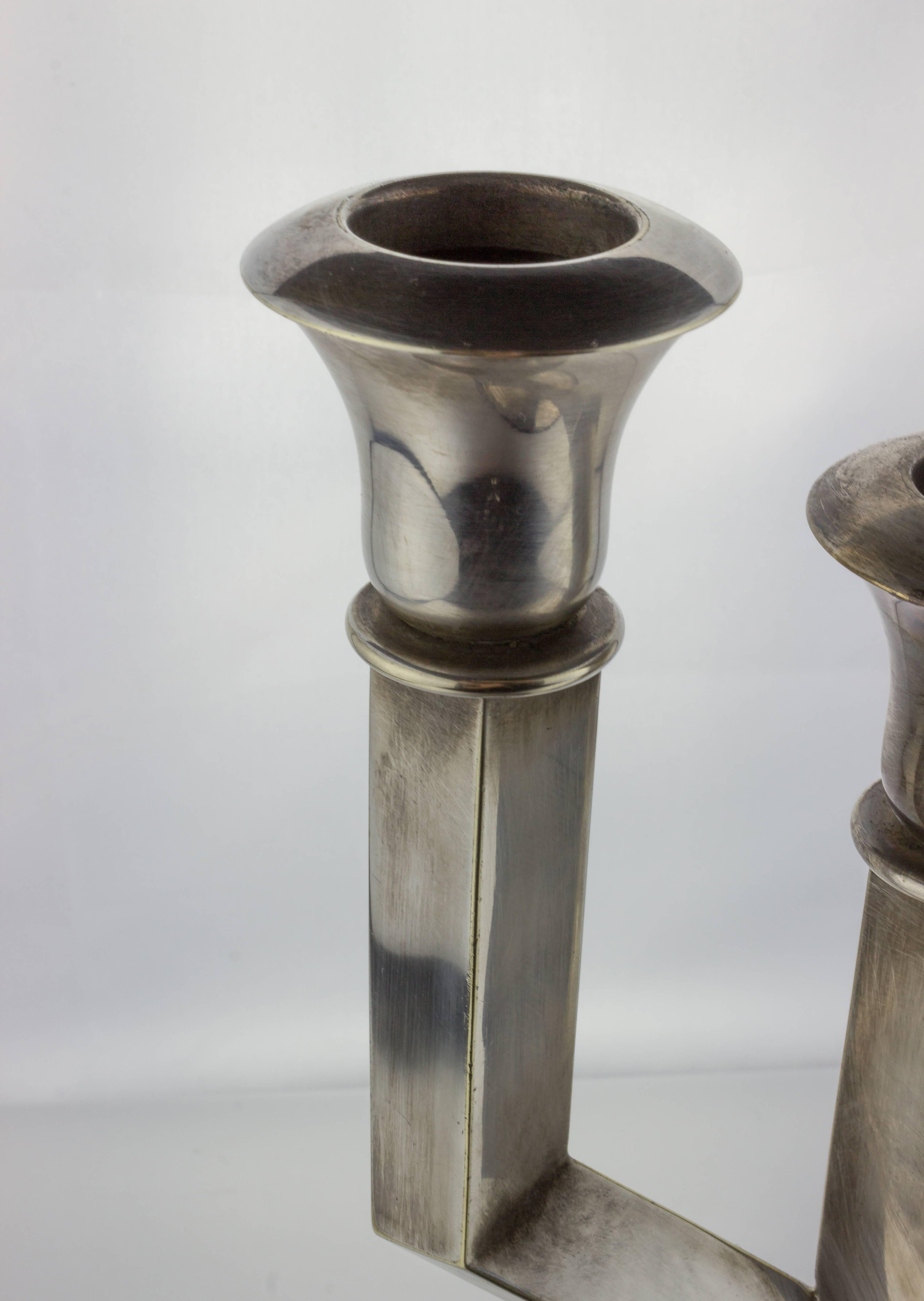 20th Century Pair of French Art Deco Silver Plated Three-Armed Candelabras For Sale