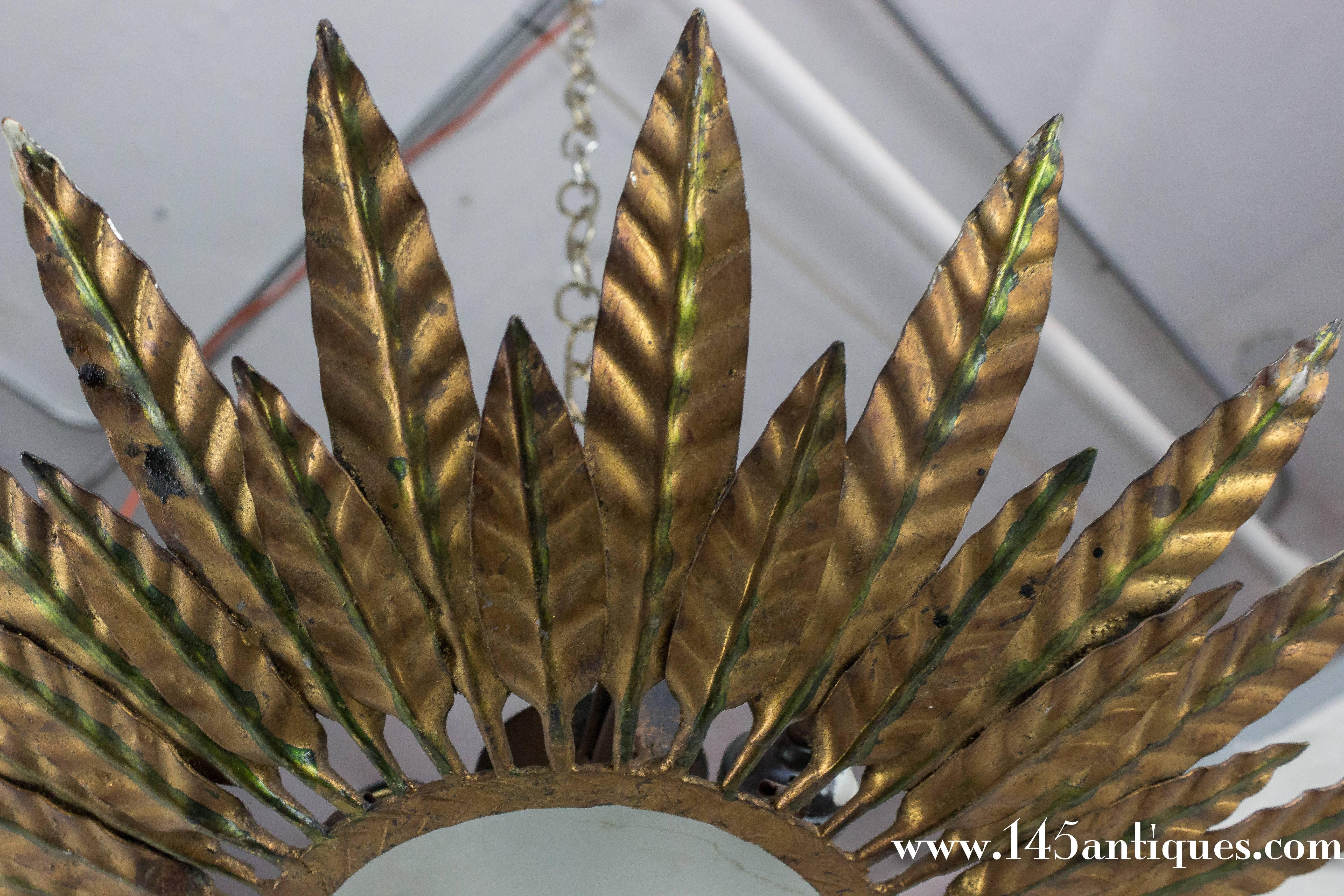 Spanish Gilt Metal Sunburst Flush Mount Ceiling Fixture 3