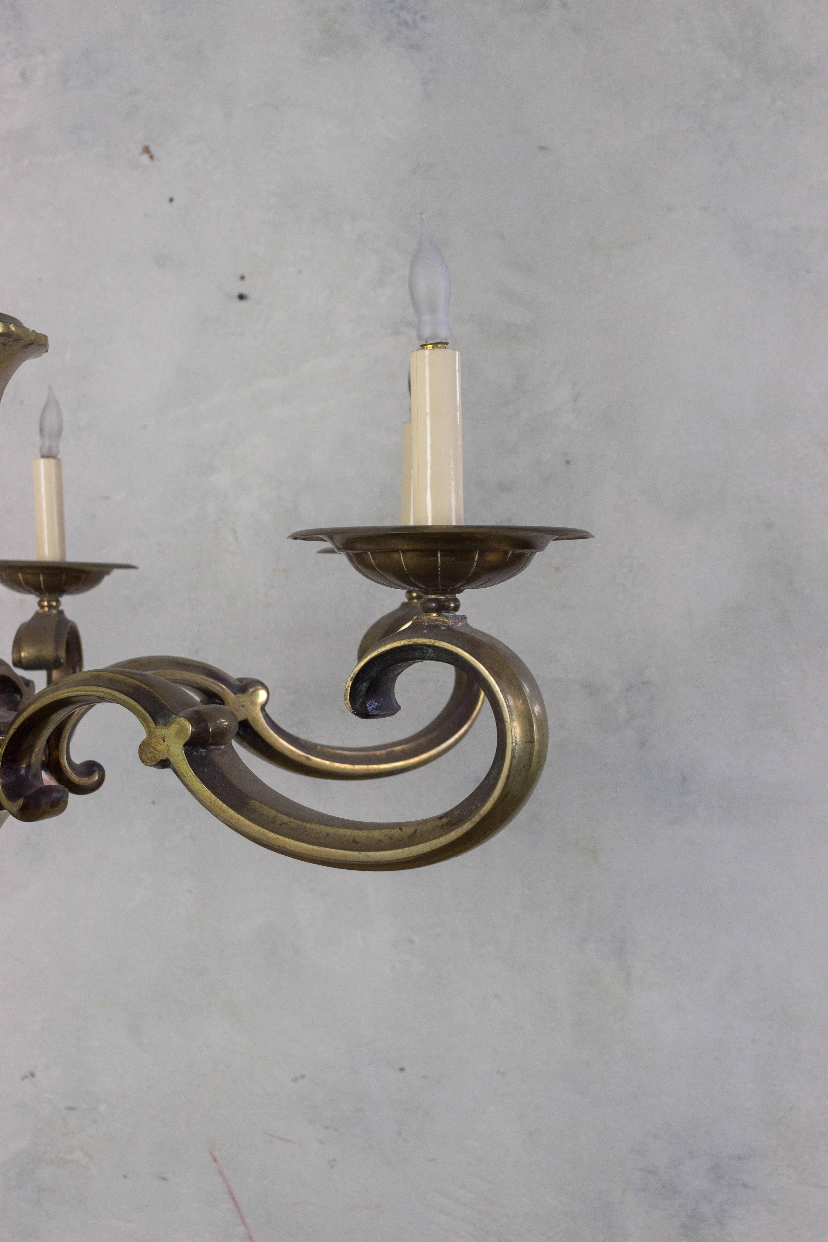 Mid-20th Century French 1940s Bronze Six Armed Neoclassical Style Chandelier For Sale