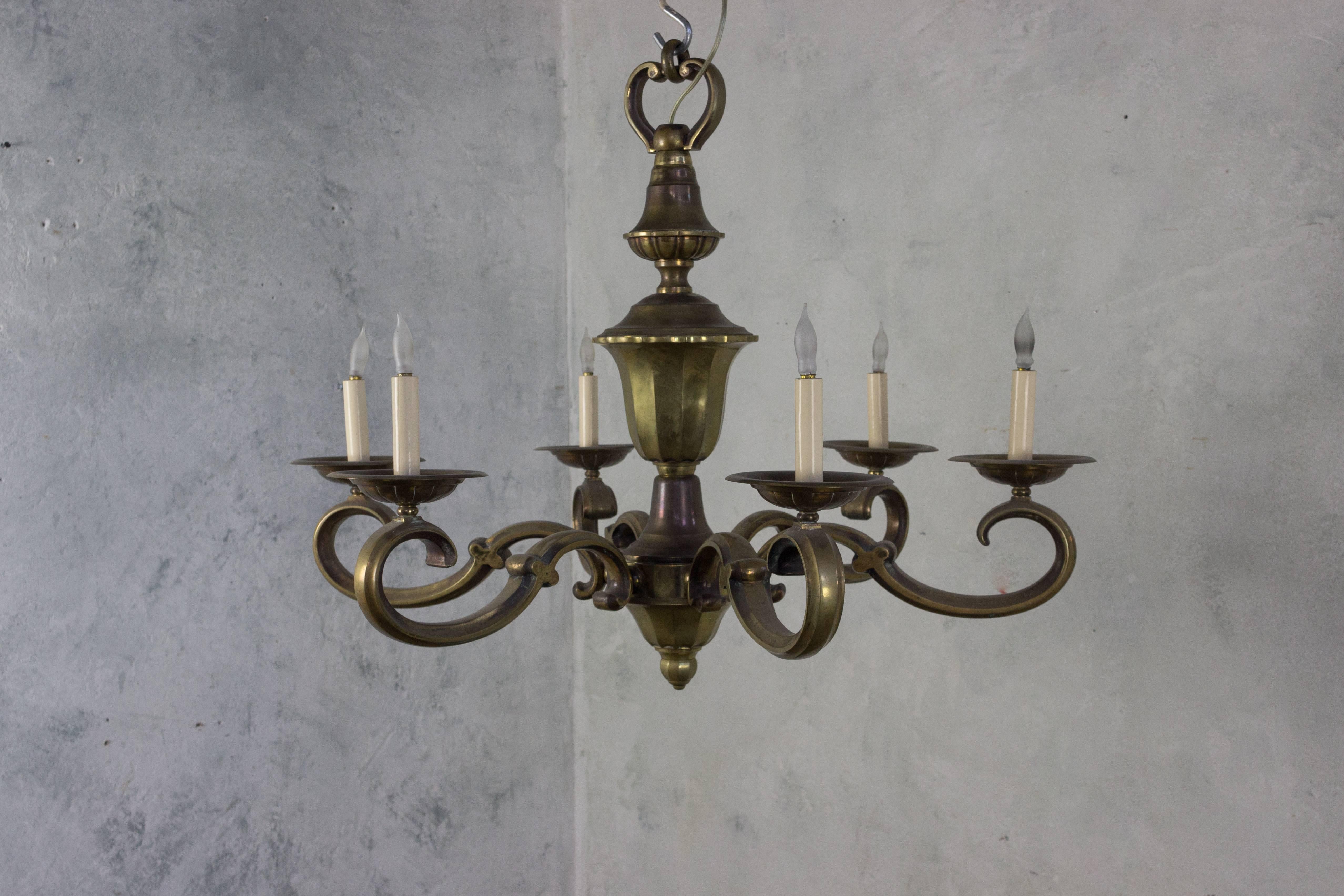 French 1940s Bronze Six Armed Neoclassical Style Chandelier For Sale 1