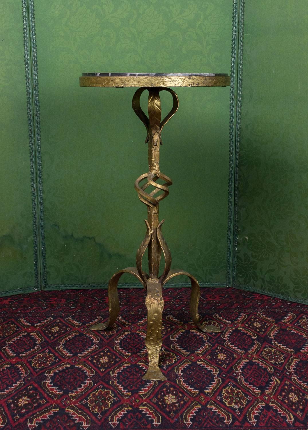 Spanish Small Gilt Iron Side Table with Marble Top