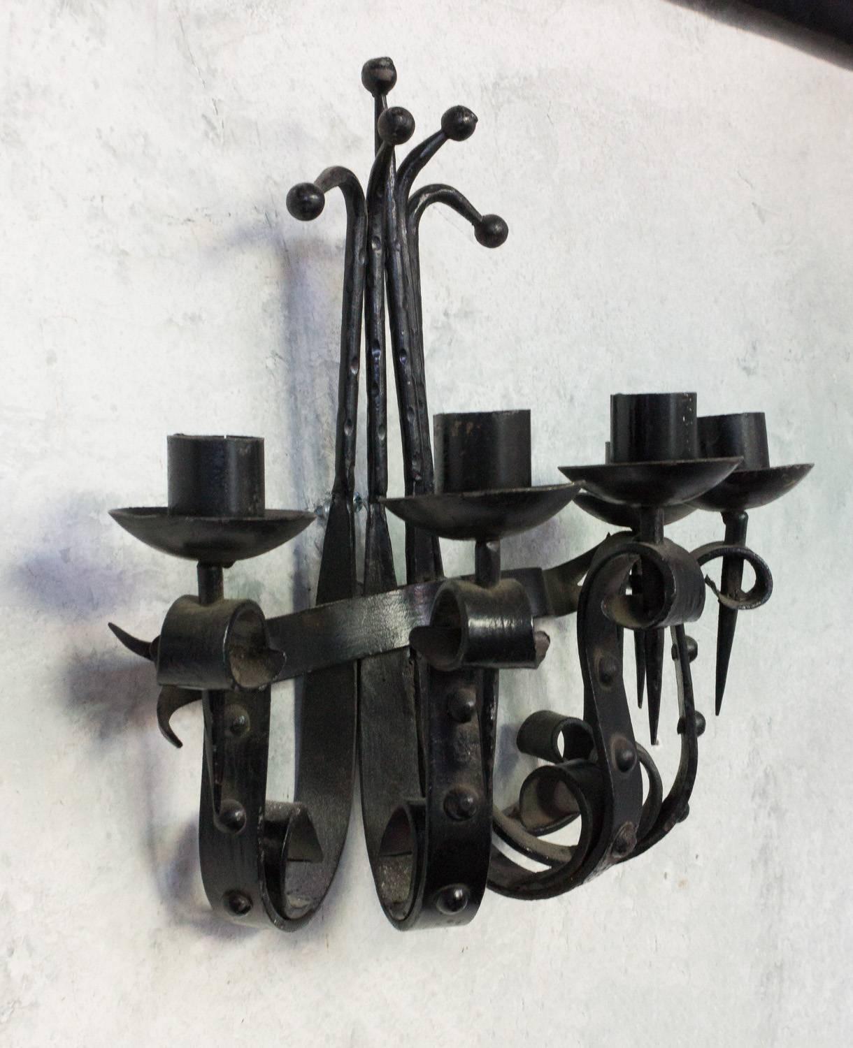 Blackened French 1940s Wrought Iron Five-Armed Sconce For Sale
