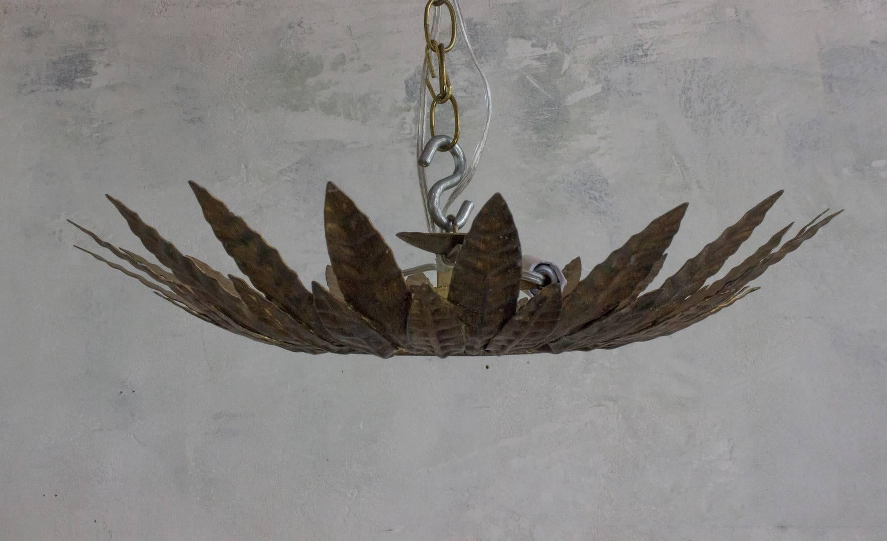 Spanish Flush Mounted Sunburst Ceiling Fixture with Leaves For Sale