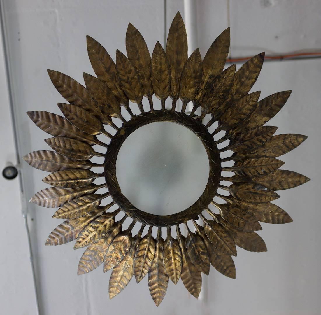 Mid-20th Century Flush Mounted Sunburst Ceiling Fixture with Leaves For Sale