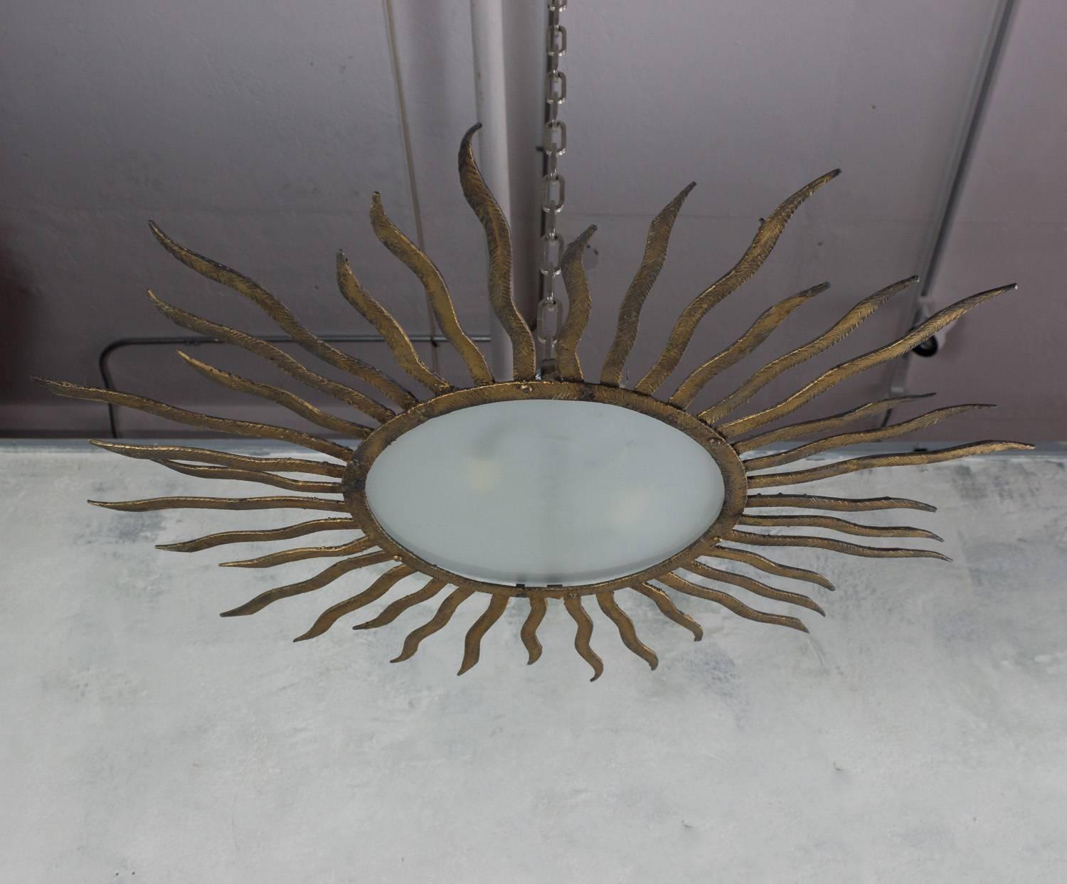 Spanish Gilt Iron Flush Mount Sunburst Fixture with Pointed Thin Rays In Excellent Condition In Buchanan, NY