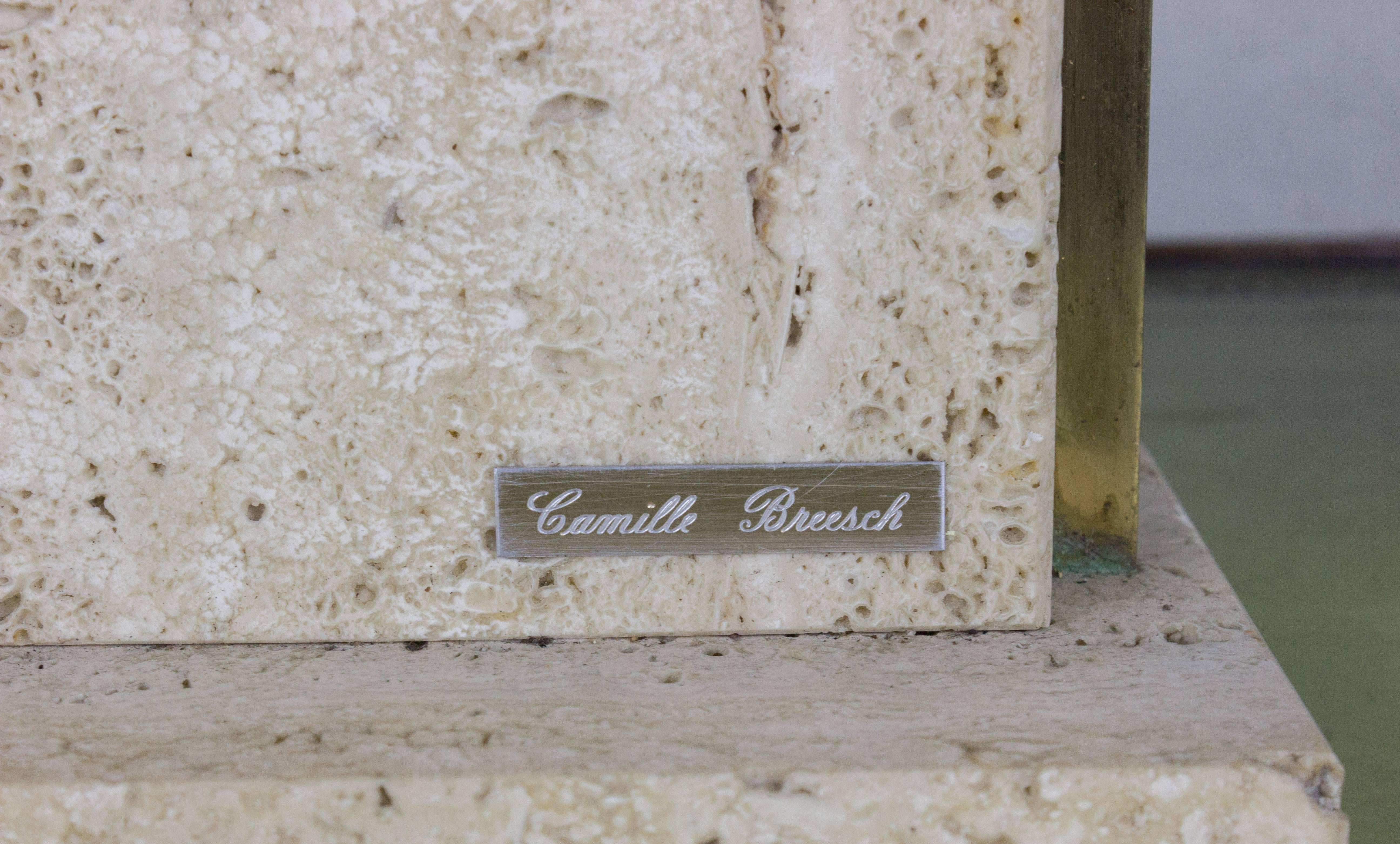 Late 20th Century Travertine and Brass Lamp Signed by Camille Breesch, 1970s For Sale