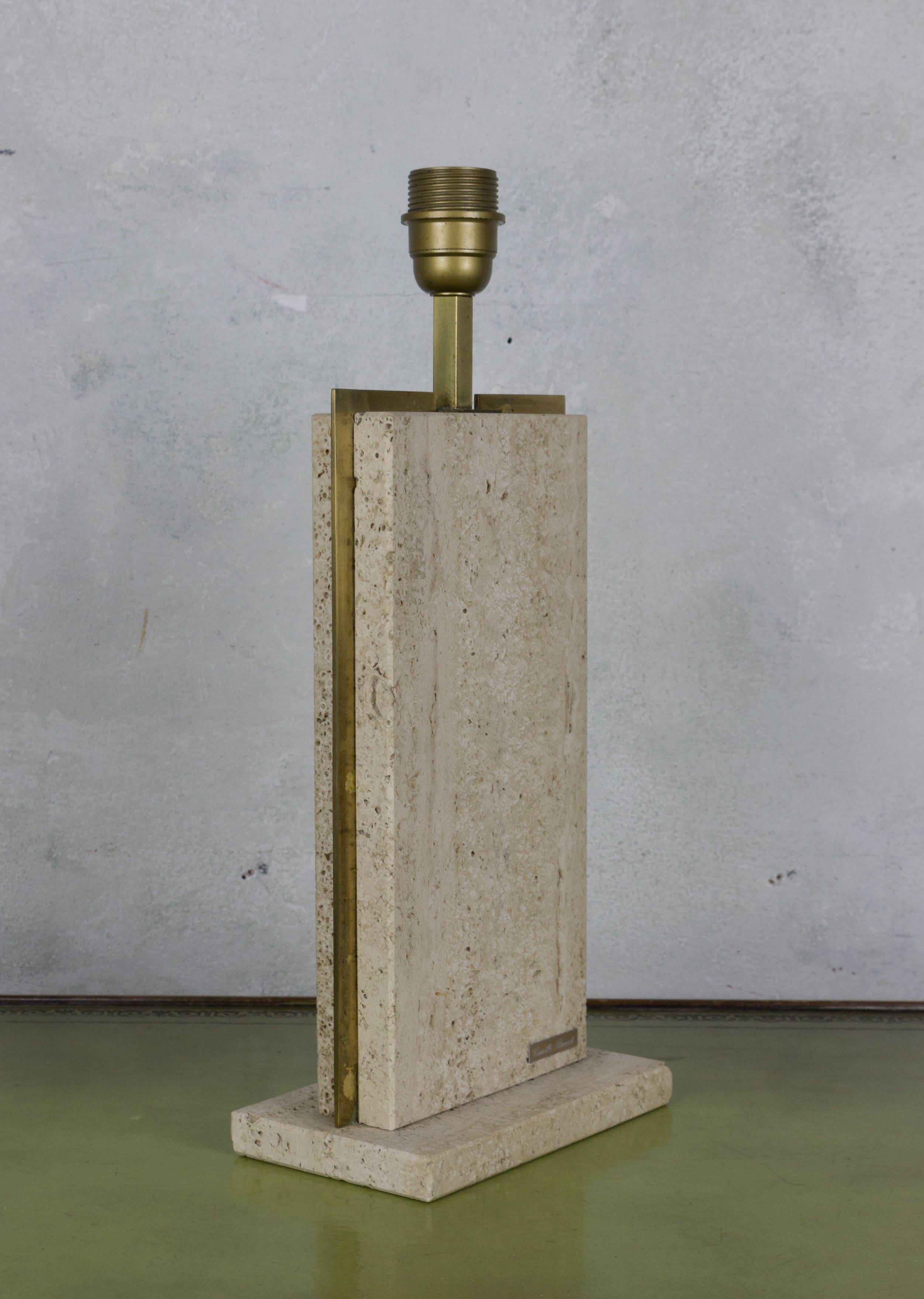 Mid-Century Modern Travertine and Brass Lamp Signed by Camille Breesch, 1970s For Sale