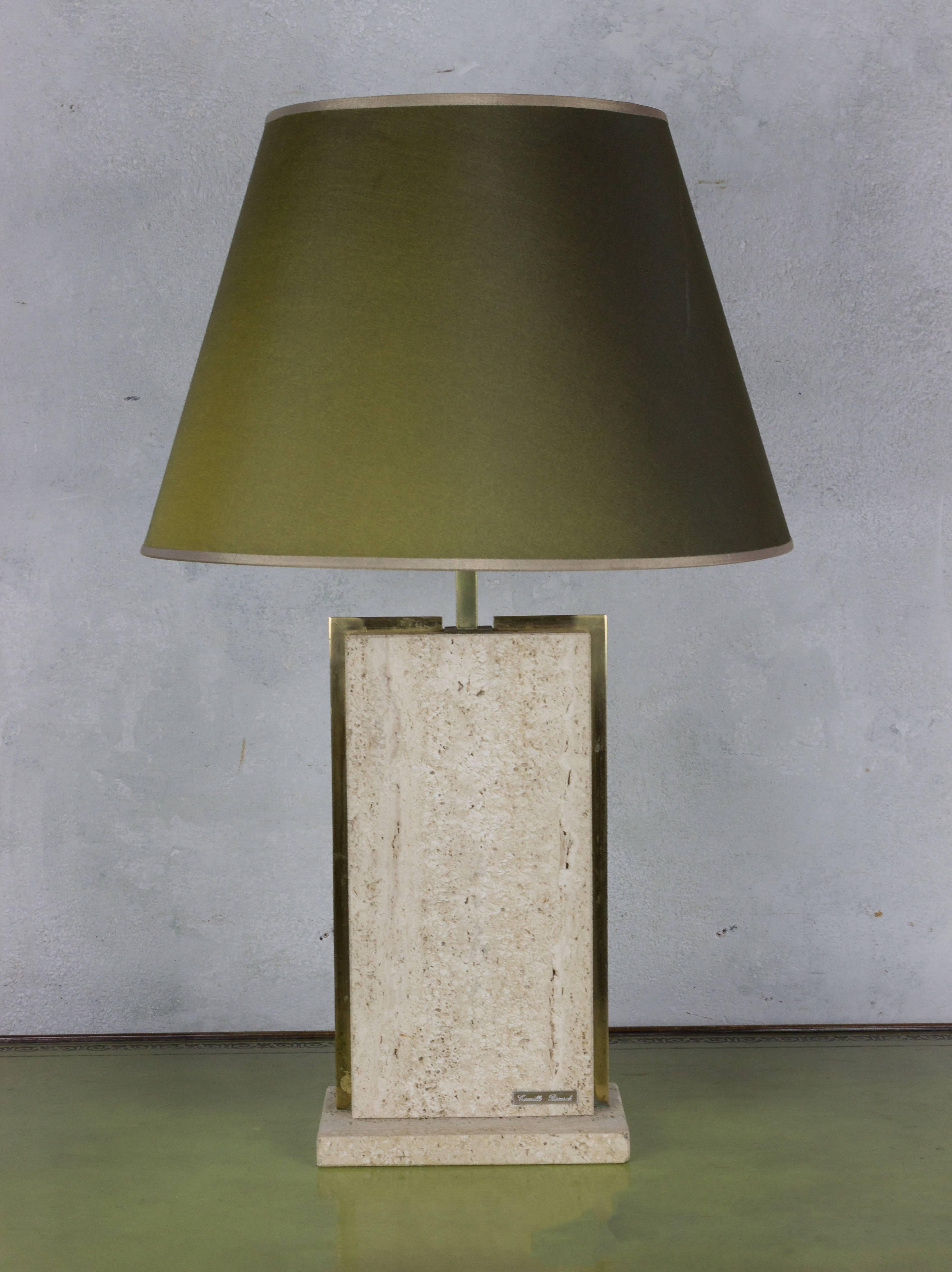Travertine and Brass Lamp Signed by Camille Breesch, 1970s For Sale 1